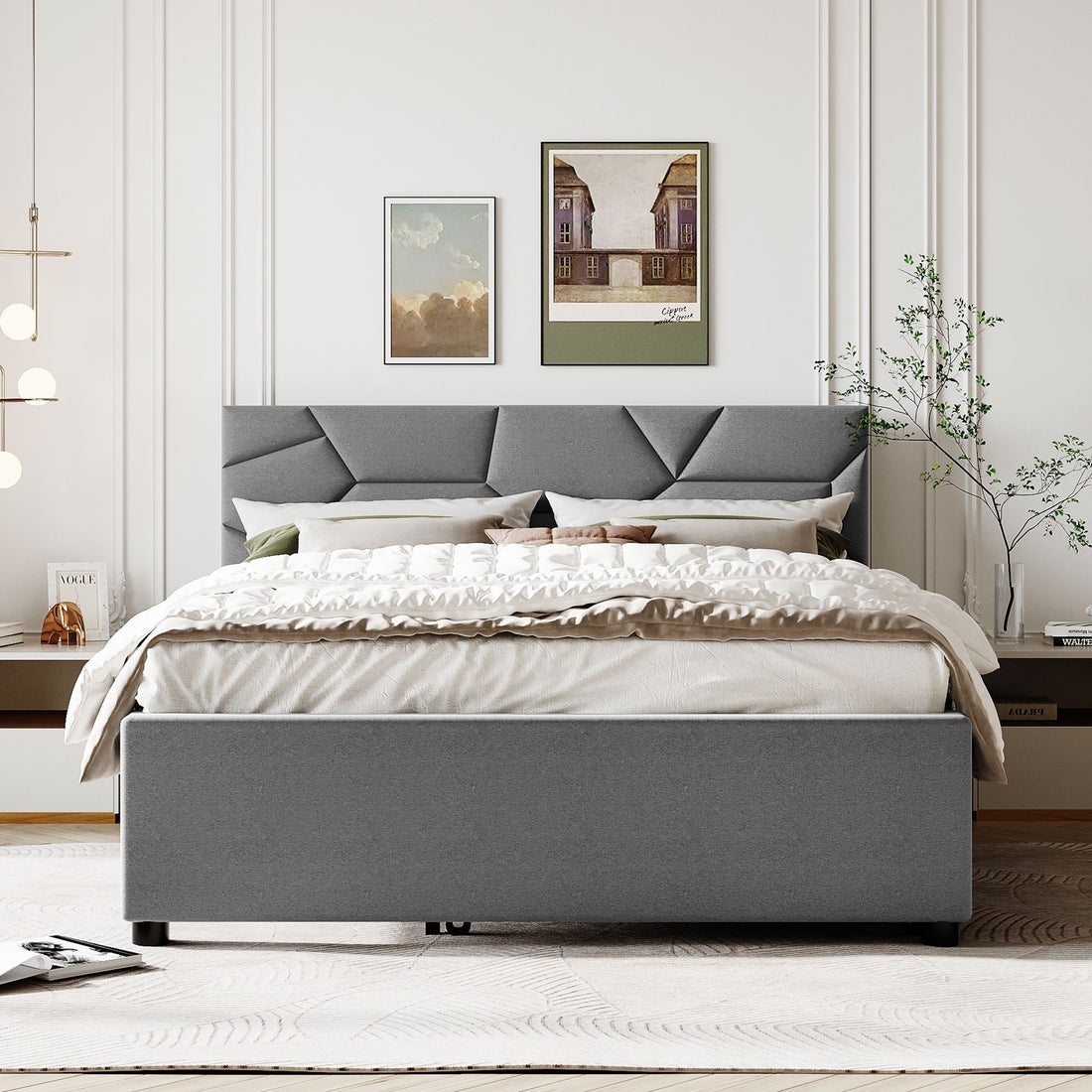 Queen Size Upholstered Platform Bed With Brick Pattern Headboard And Twin Xl Size Trundle, Linen Fabric, Gray Gray Linen
