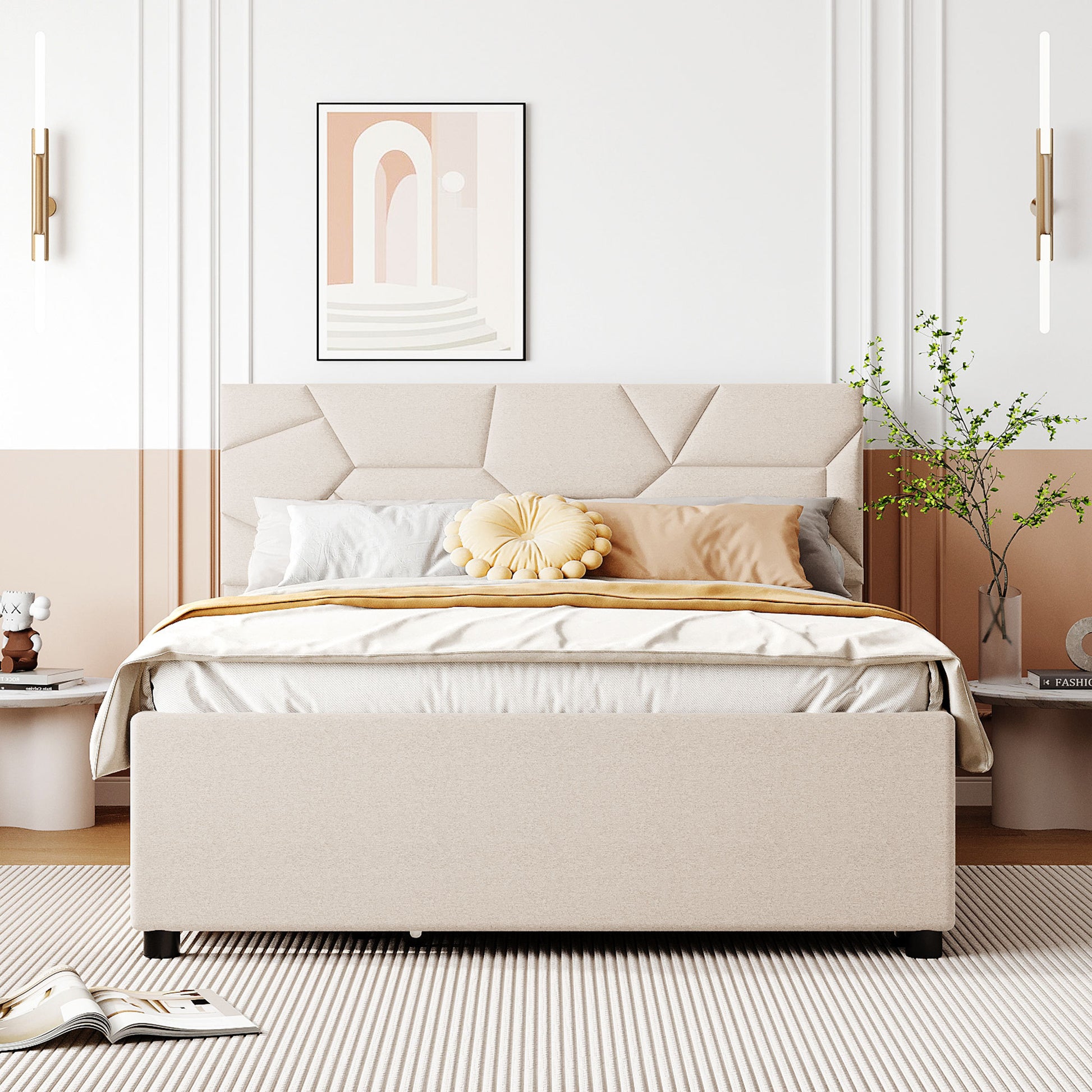 Full Size Upholstered Platform Bed With Brick Pattern Headboard, With Twin Size Trundle And 2 Drawers, Linen Fabric, Beige Beige Linen