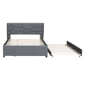 Full Size Upholstered Platform Bed With Brick Pattern Headboard And Twin Size Trundle, Linen Fabric, Gray Gray Linen