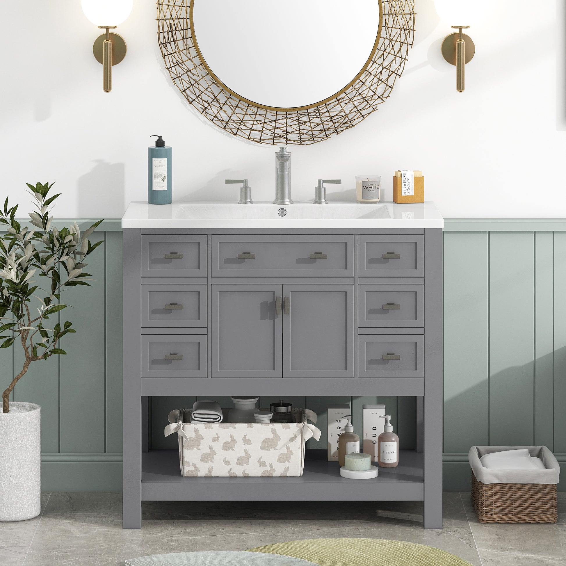 36'' Bathroom Vanity with Top Sink, Modern Bathroom 4+-grey-2-1-soft close