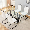 Table And Chair Set. Modern Rectangular Tempered Glass Tabletop, Black Metal Bracket Dining Table, 4 Modern Pu Artificial Leather High Backrest Soft Cushioned Dining Chairs, C Shaped Tube Metal Leg White Seats 4 Glass