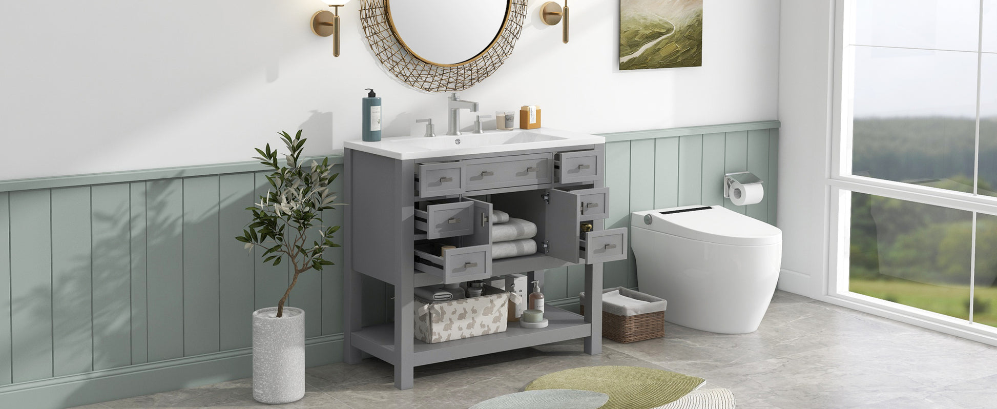 36'' Bathroom Vanity with Top Sink, Modern Bathroom 4+-grey-2-1-soft close