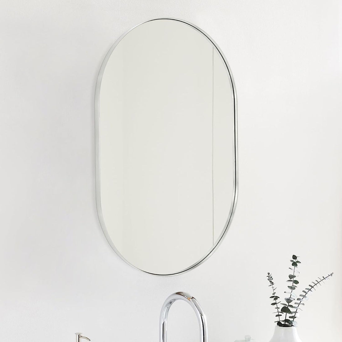 Silver 20*33In Pill Shaped Mirror Silver Modern Mdf Glass Aluminium Alloy