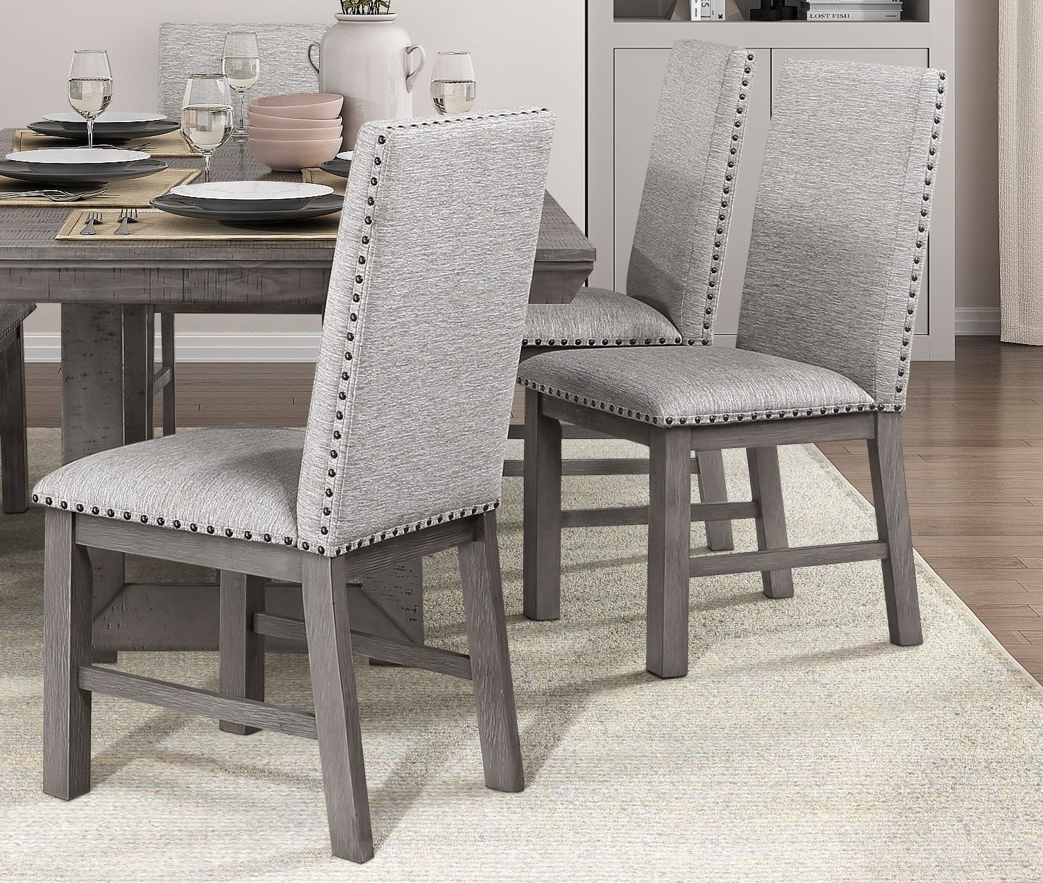 Rustic Design Dining Table 7Pc Set Gray Finish Table W Extension Leaf And 6X Fabric Upholstered Side Chairs Modern Dining Room Furniture Wood Wood Gray Seats 6 Wood Dining Room Extendable Modern Rectangular Dining Table With Chair Wood