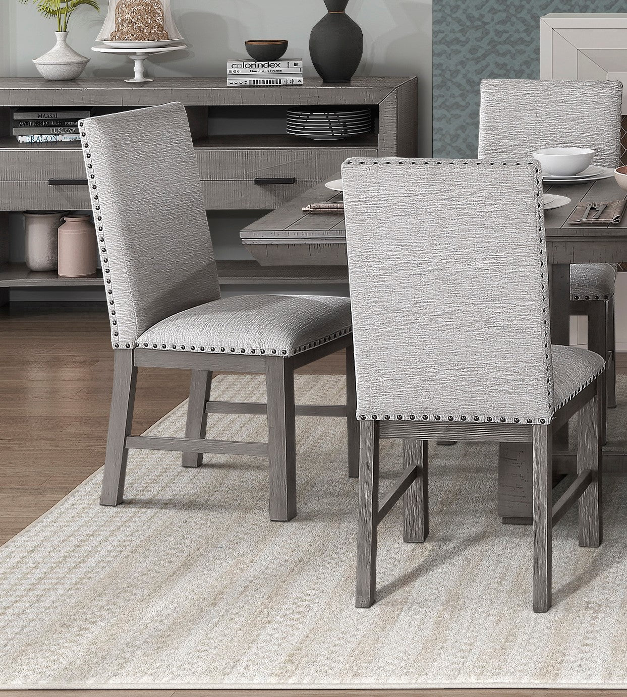 Dining Chairs 2Pc Set Beige Fabric Upholstered Seat And Back Trim Gray Finish Wood Frame Rustic Design Dining Furniture Beige Dining Room Modern Side Chair Wood