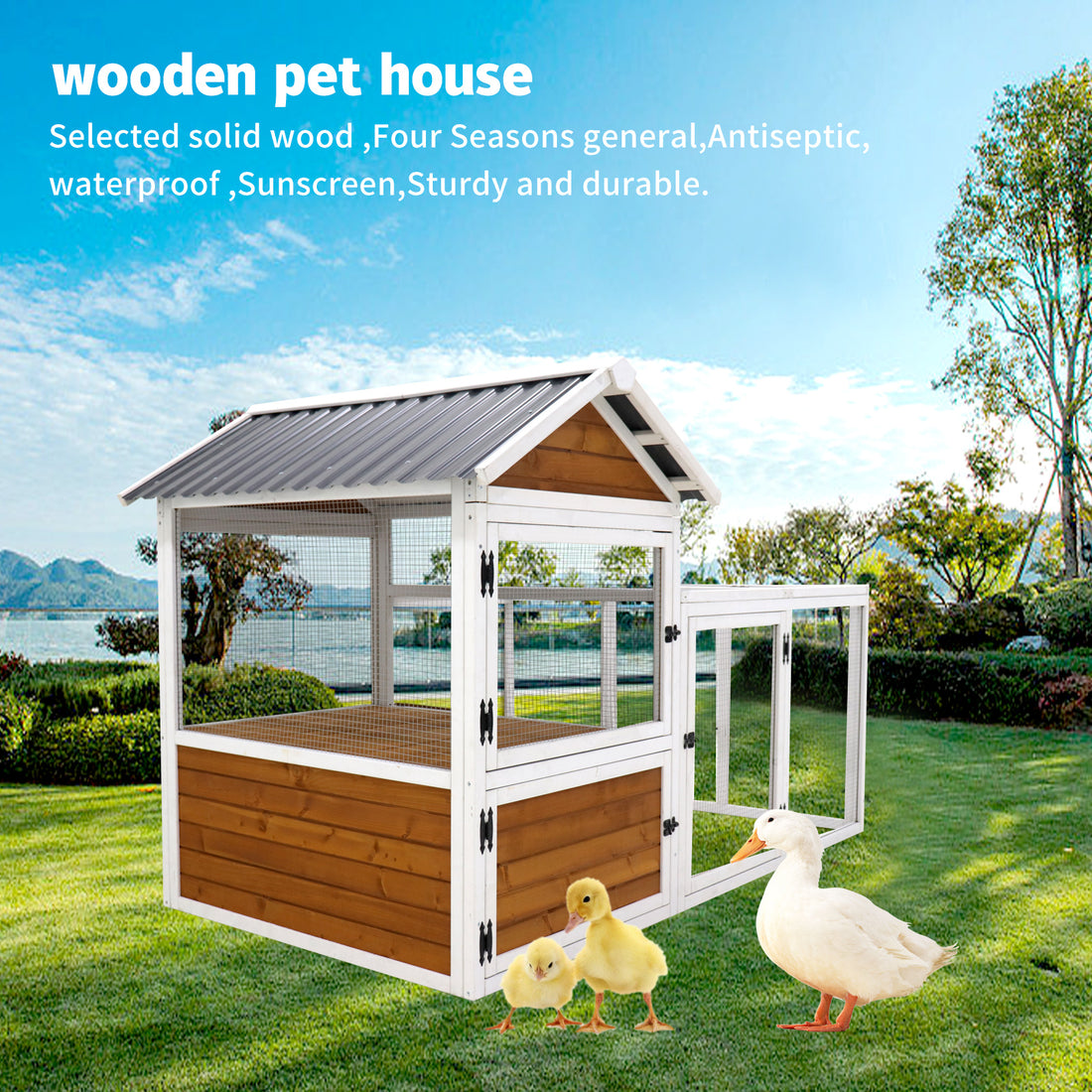 77"Large Outdoor Chicken Coop Wooden Chicken Coop, Duck Coop With Nest Box, Bird Cage, Rabbit Cage Waterproof Pvc Board Yellow Brown Gradient 80 L Yellow Brown Solid Wood