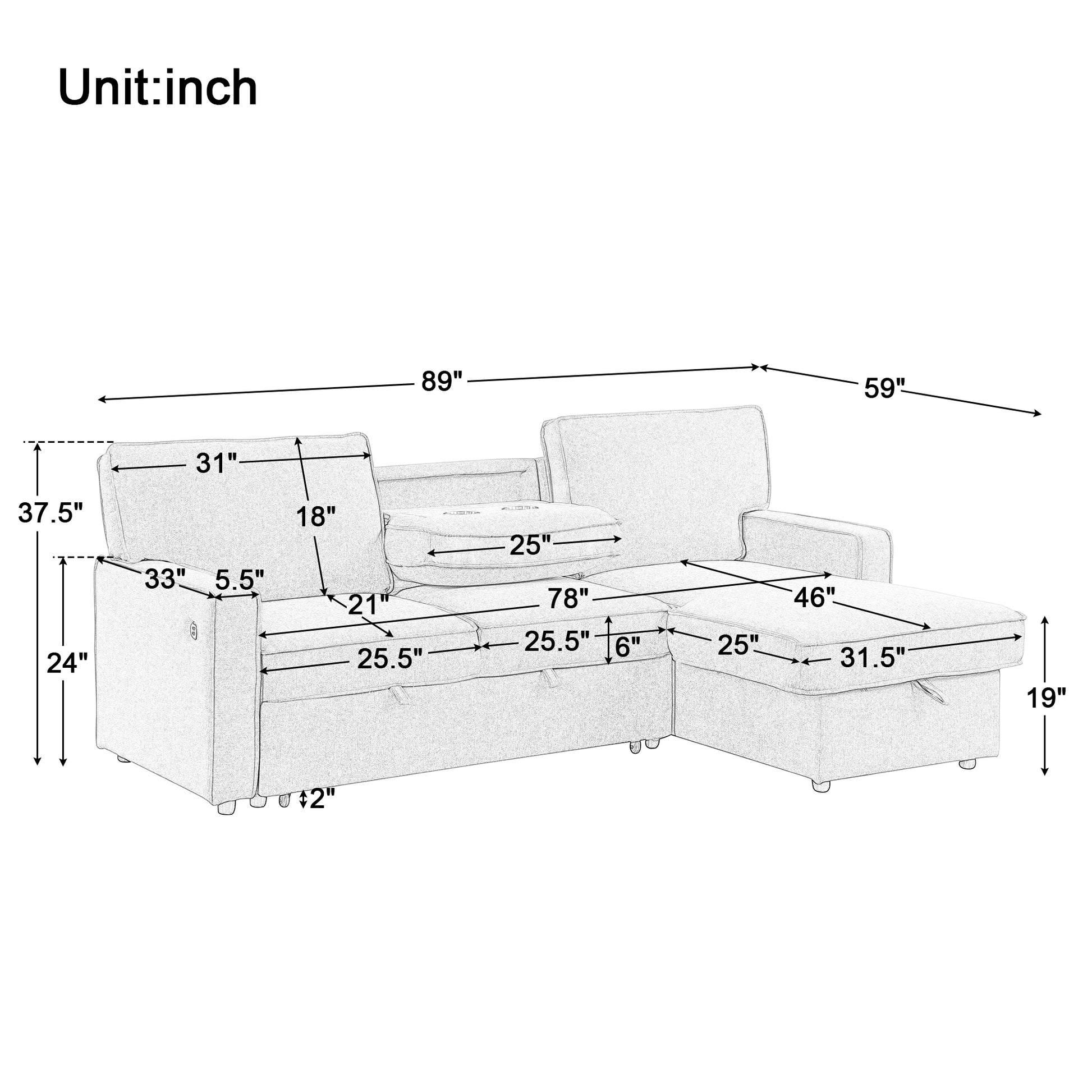 Upholstery Sleeper Sectional Sofa With Storage Space, Usb Port, 2 Cup Holders On Back Cushions Same Sku Wy000335Aae Gray Wood Square Arms Polyester 3 Seat