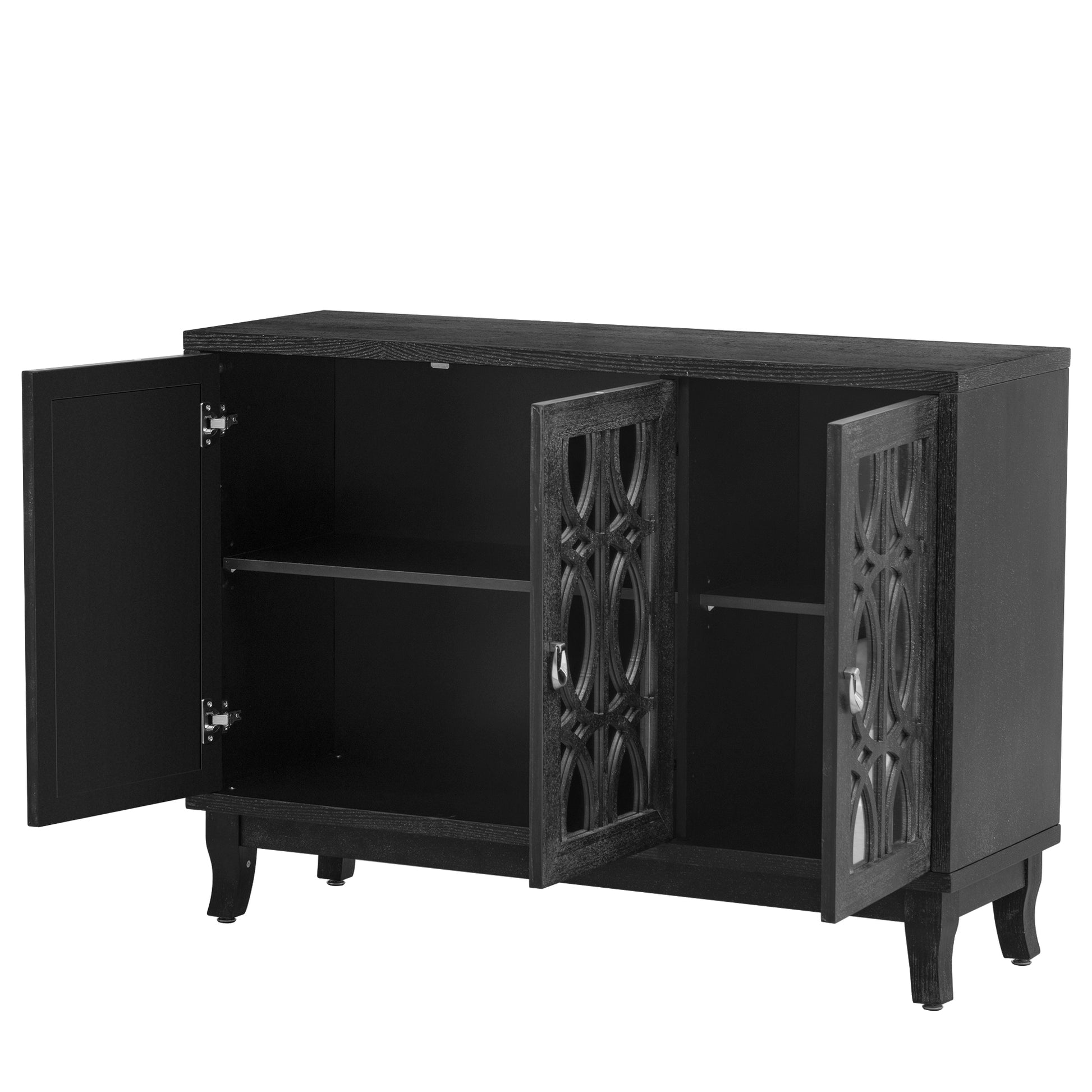 Sideboard With Glass Doors, 3 Door Mirrored Buffet Cabinet With Silver Handle For Living Room, Hallway, Dining Room Black Black Mdf