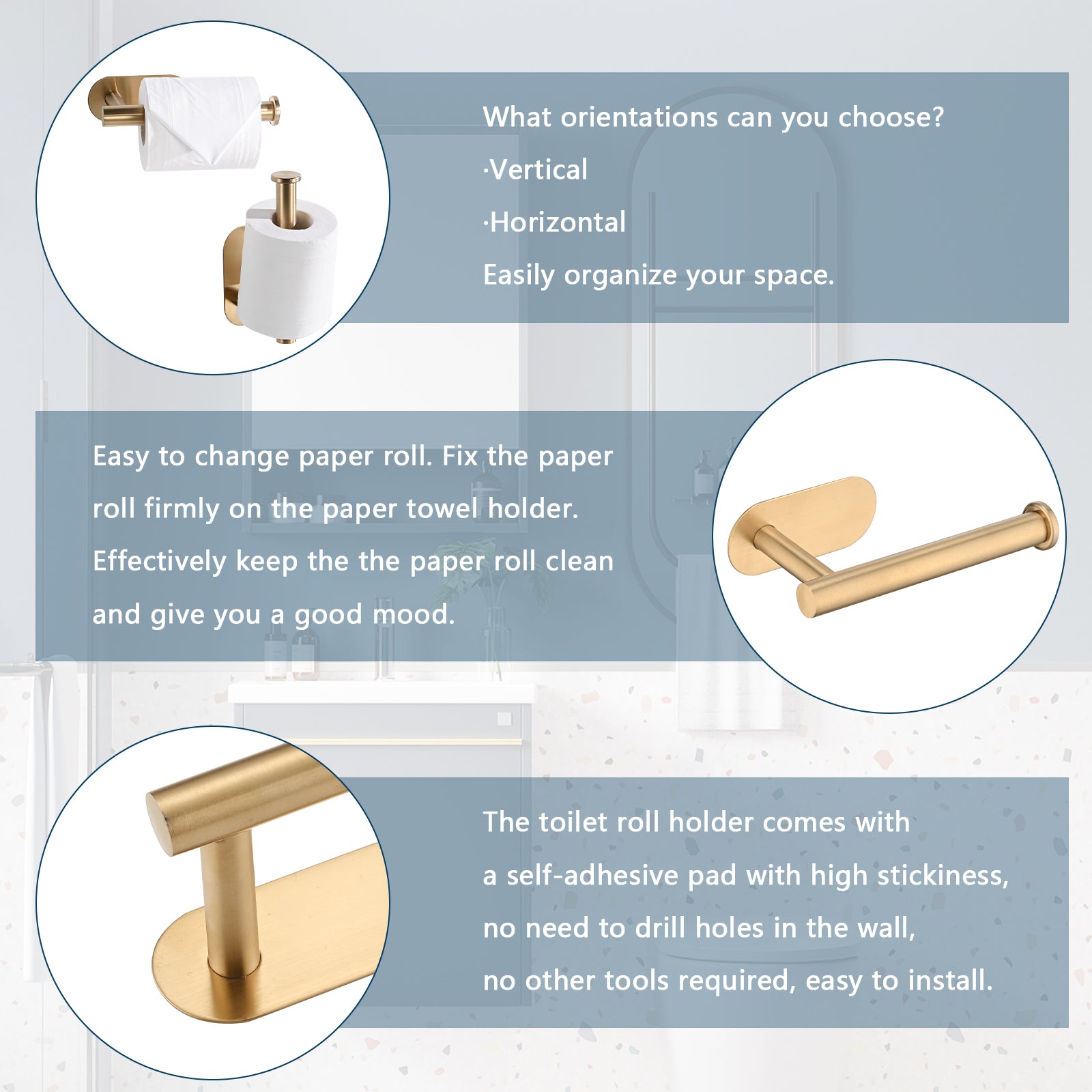 Toilet Paper Holder Self Adhesive, Stainless Steel Rustproof Adhesive Toilet Roll Holder No Drilling Brushed Gold Stainless Steel