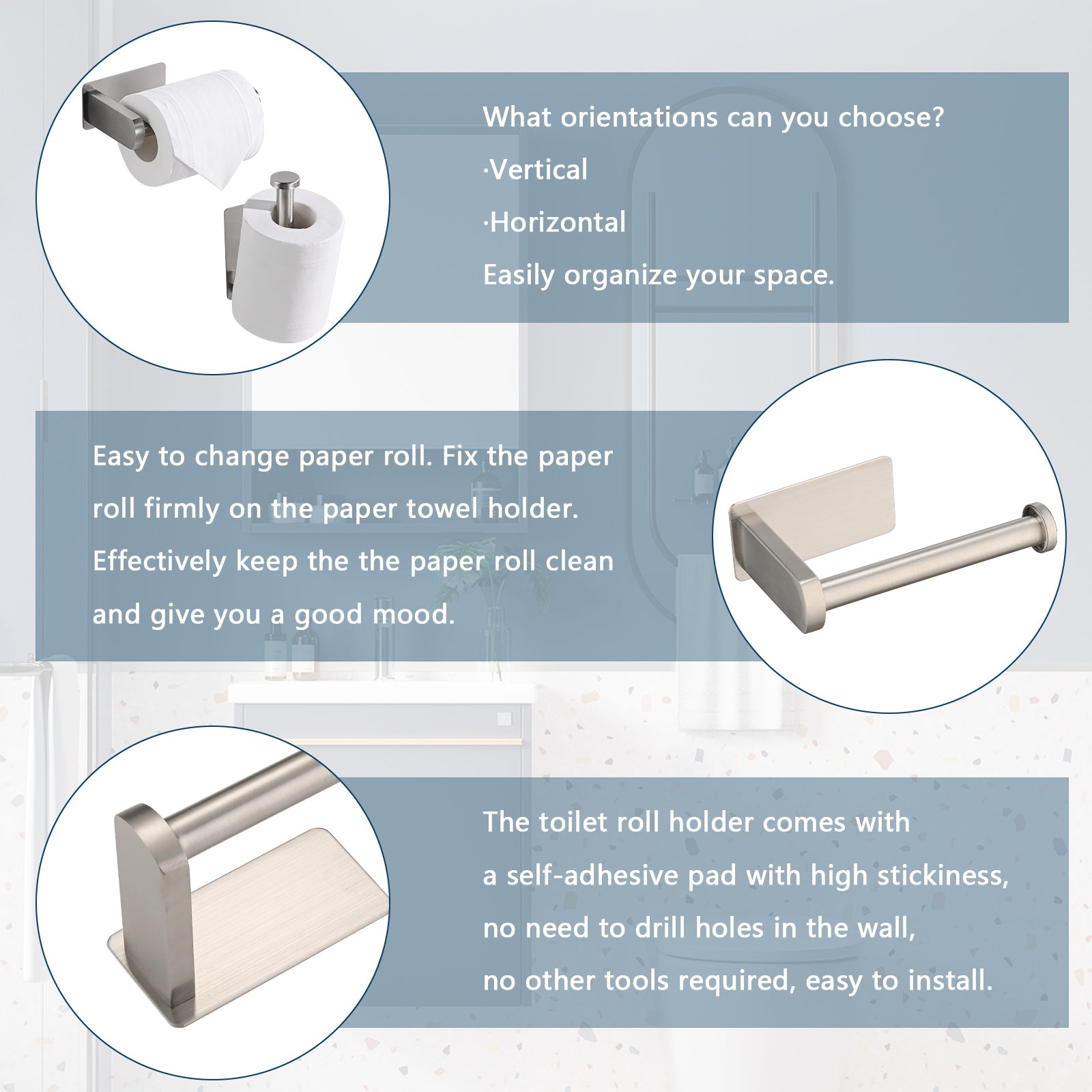 Toilet Paper Holder Self Adhesive, Stainless Steel Rustproof Adhesive Toilet Roll Holder No Drilling Brushed Nickel Stainless Steel