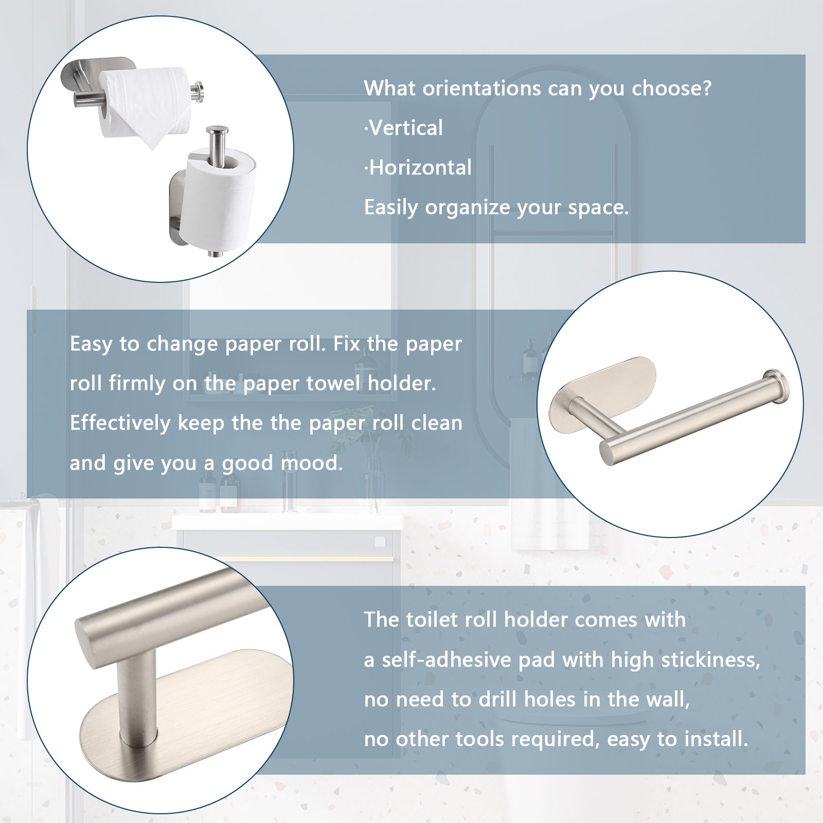 Toilet Paper Holder Self Adhesive, Stainless Steel Rustproof Adhesive Toilet Roll Holder No Drilling Brushed Nickel Stainless Steel