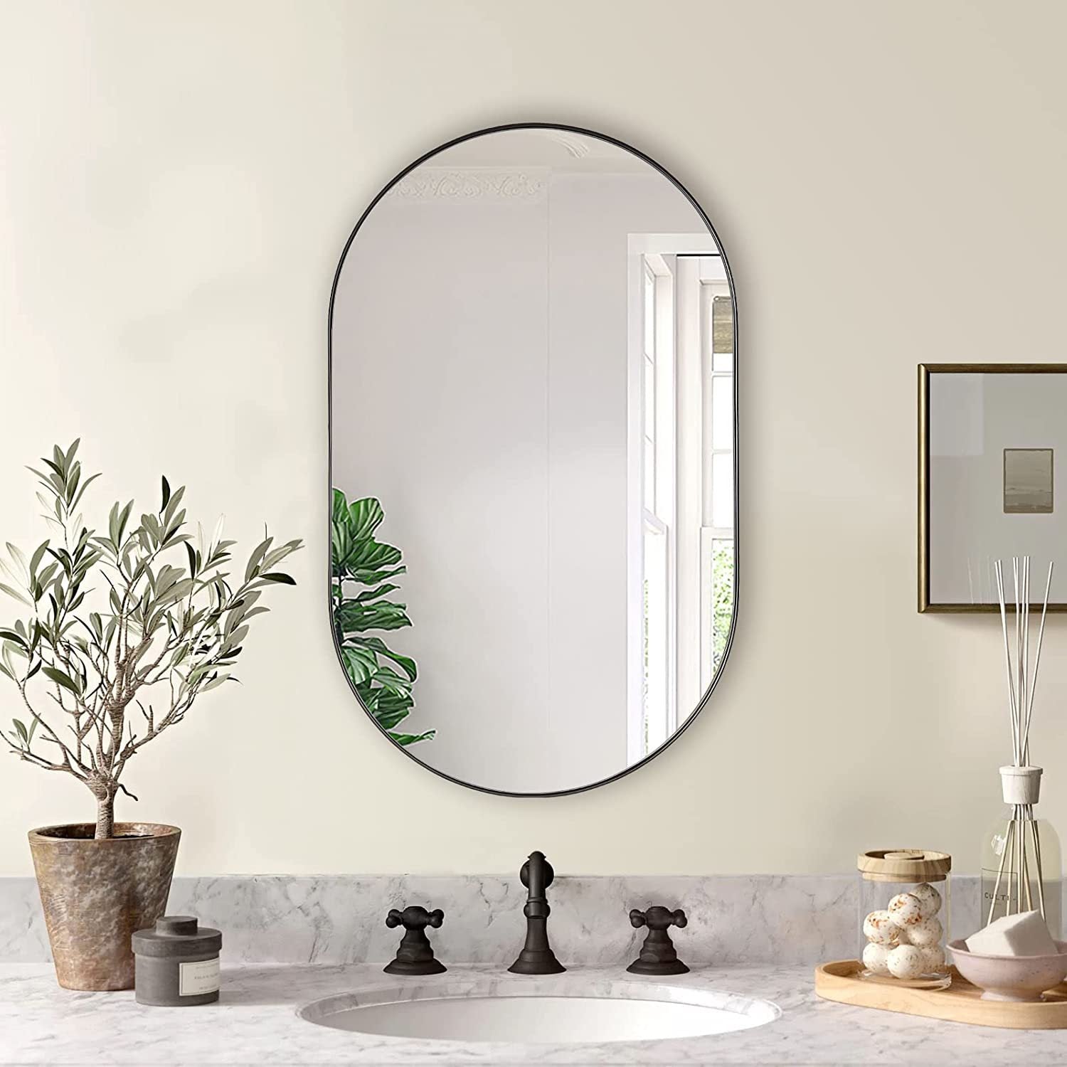 Black 20*33IN Pill Shaped Mirror black-modern-mdf+glass-aluminium alloy