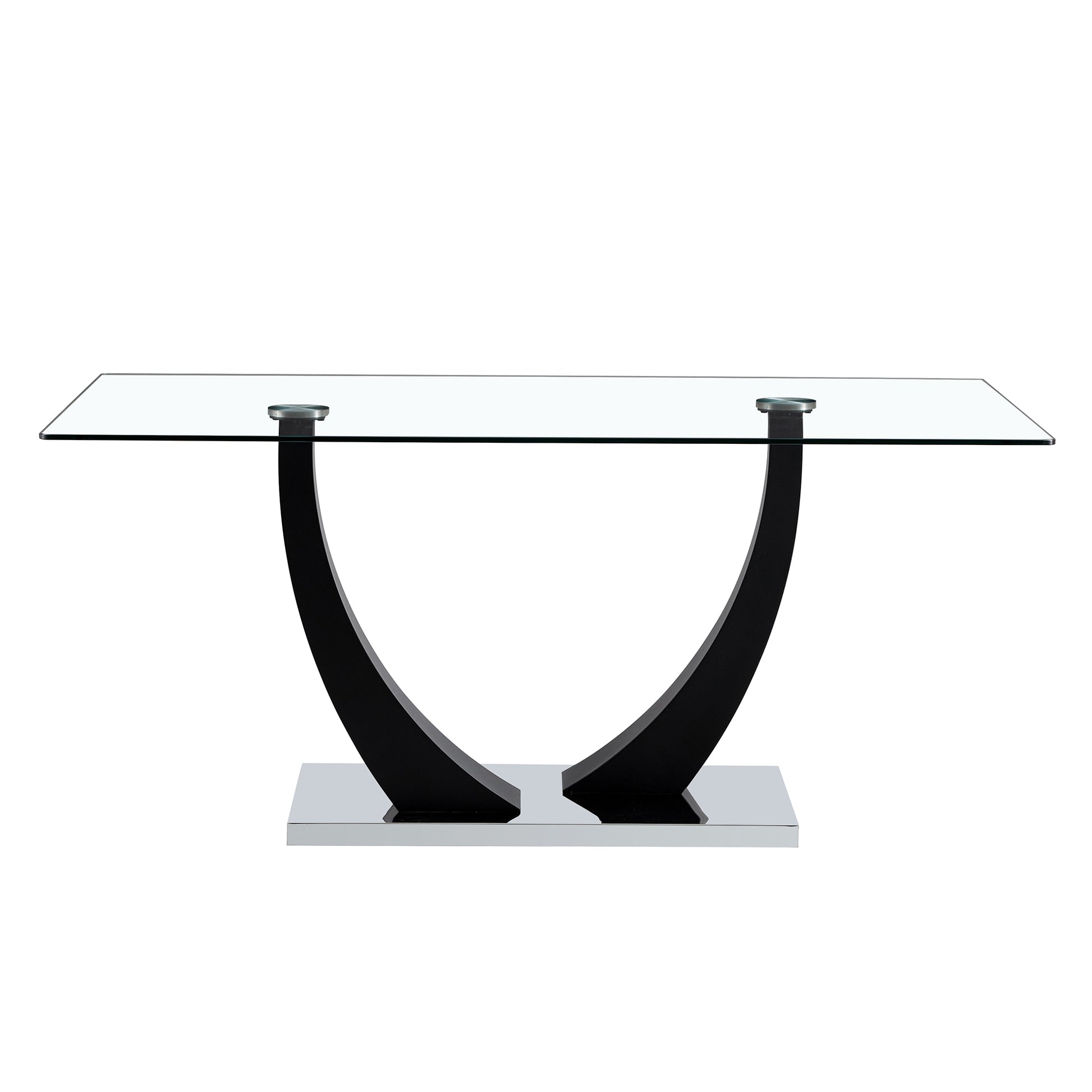 Table And Chair Set. Modern Rectangular Tempered Glass Tabletop, Black Metal Bracket Dining Table, 4 Modern Pu Artificial Leather High Backrest Soft Cushioned Dining Chairs, C Shaped Tube Metal Leg White Seats 4 Glass