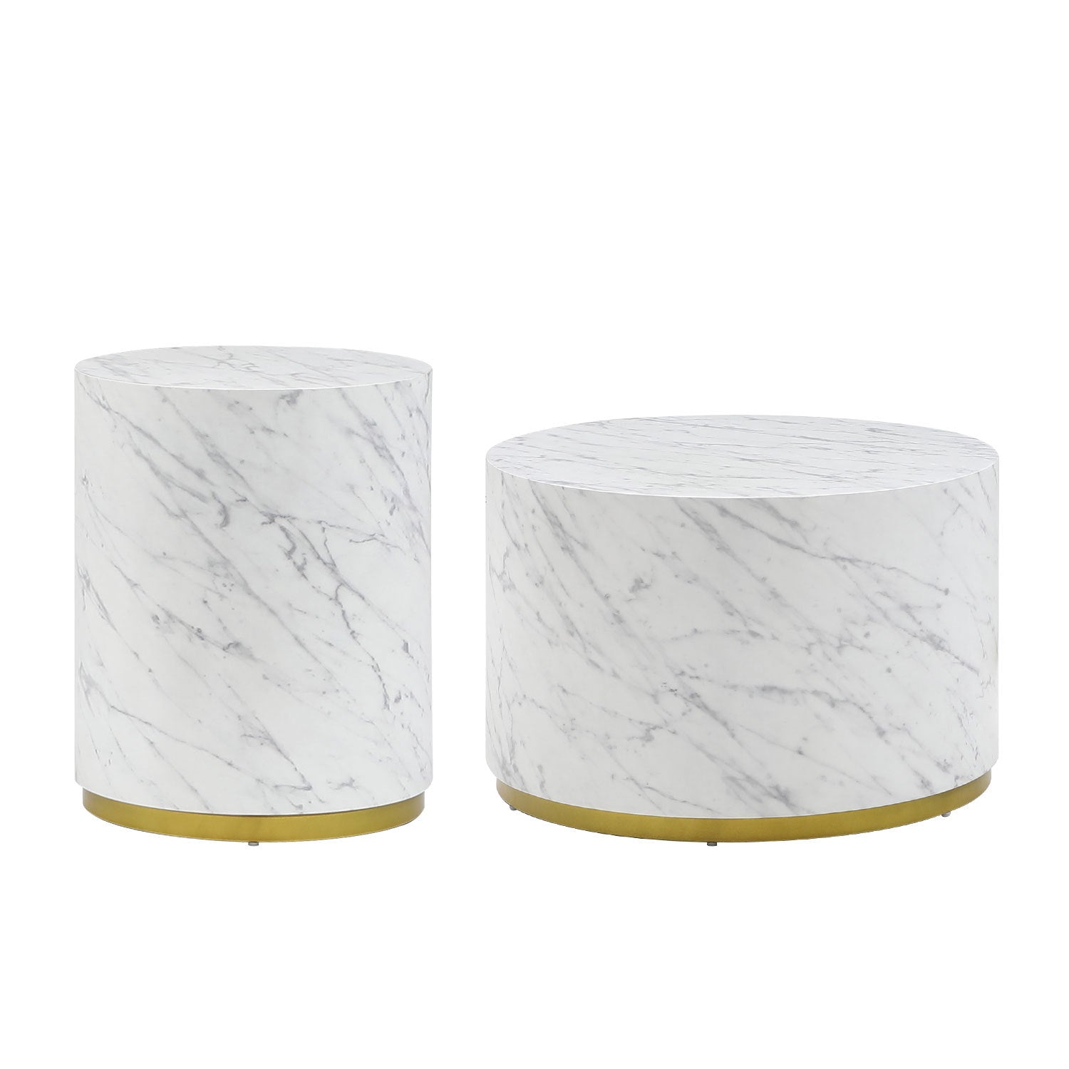 Set Of 3 White Marble Pattern Round Coffee Table Side Table End Table Set For Living Room Fully Assembled White Mdf