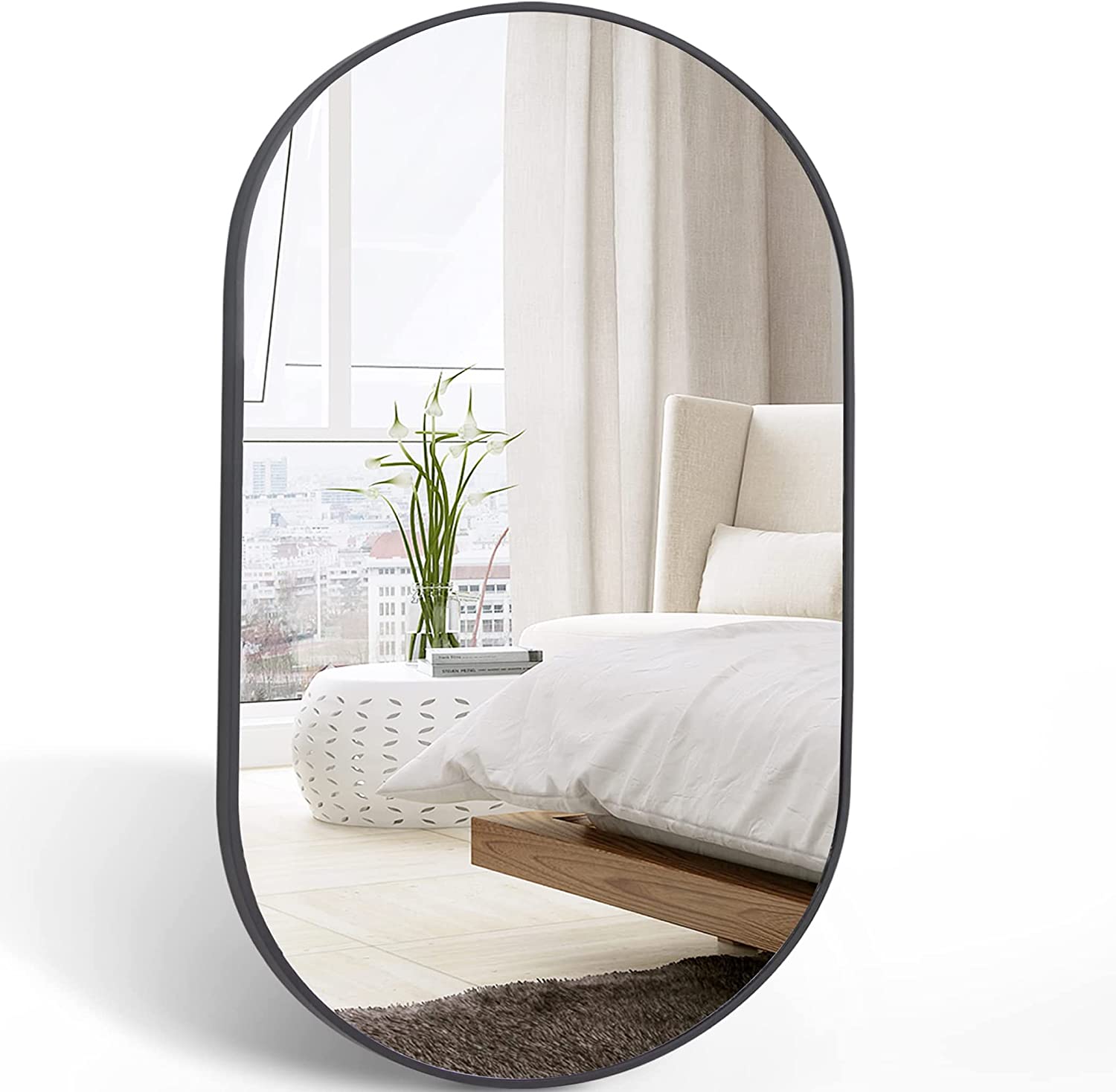 Black 20 X 28 In Pill Shpaed Mirror Black Modern Mdf Glass Aluminium Alloy