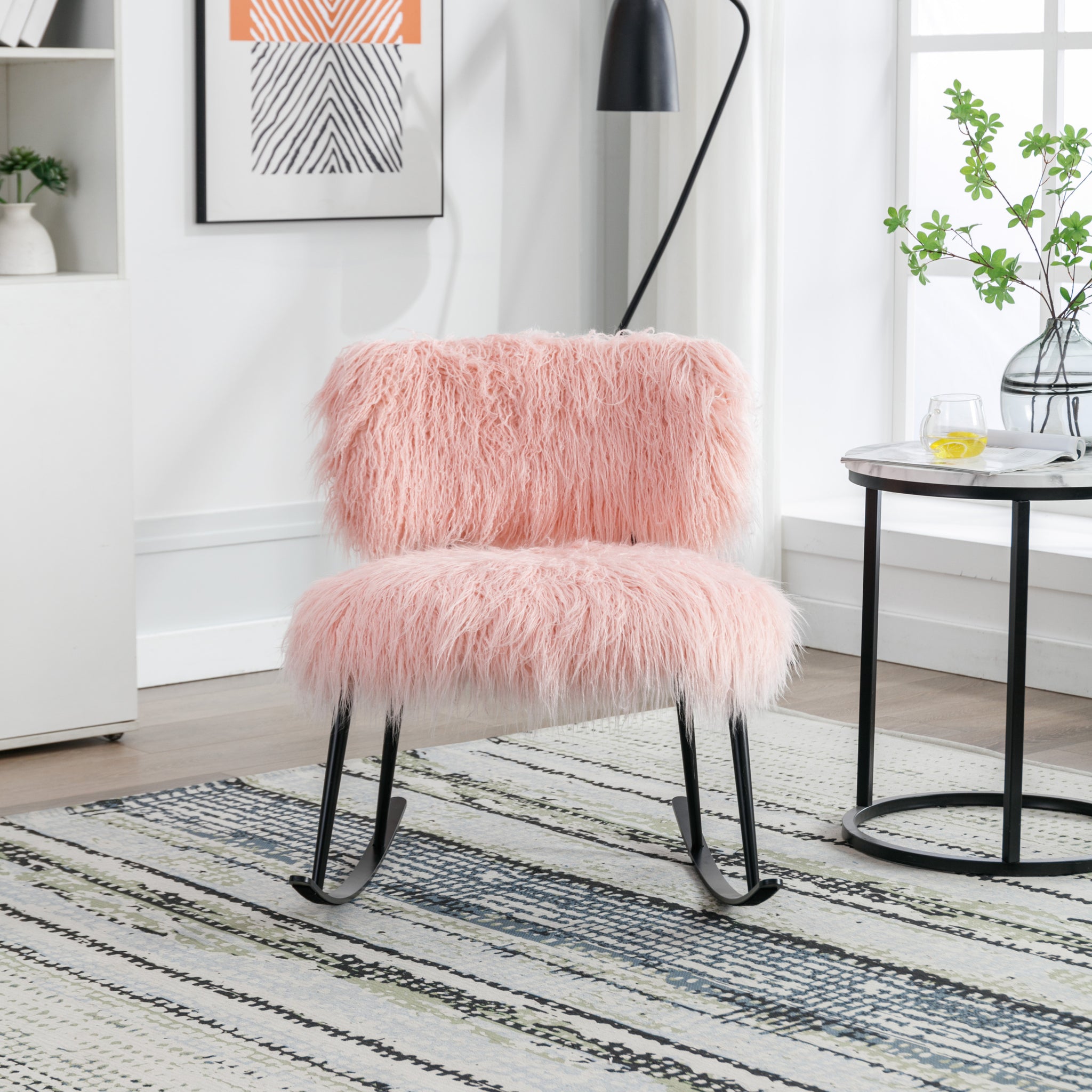 25.2'' Wide Faux Fur Plush Nursery Rocking Chair, Baby pink-foam-faux fur