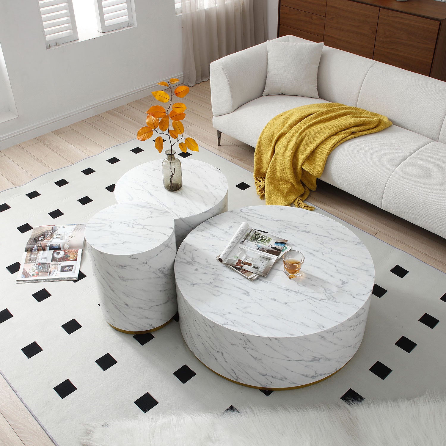 Set Of 3 White Marble Pattern Round Coffee Table Side Table End Table Set For Living Room Fully Assembled White Mdf