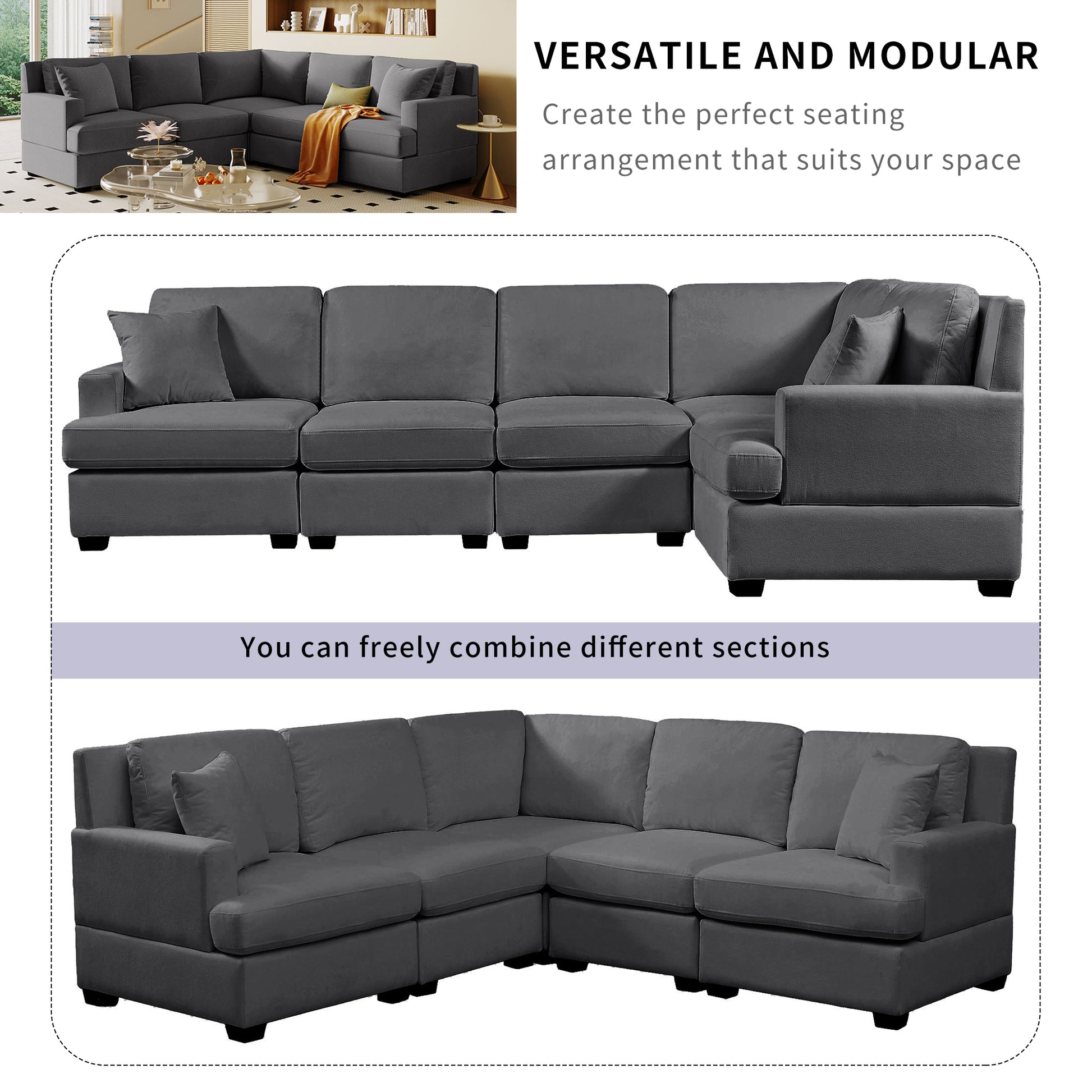 Sectional Modular Sofa With 2 Tossing Cushions And Solid Frame For Living Room Gray Polyester