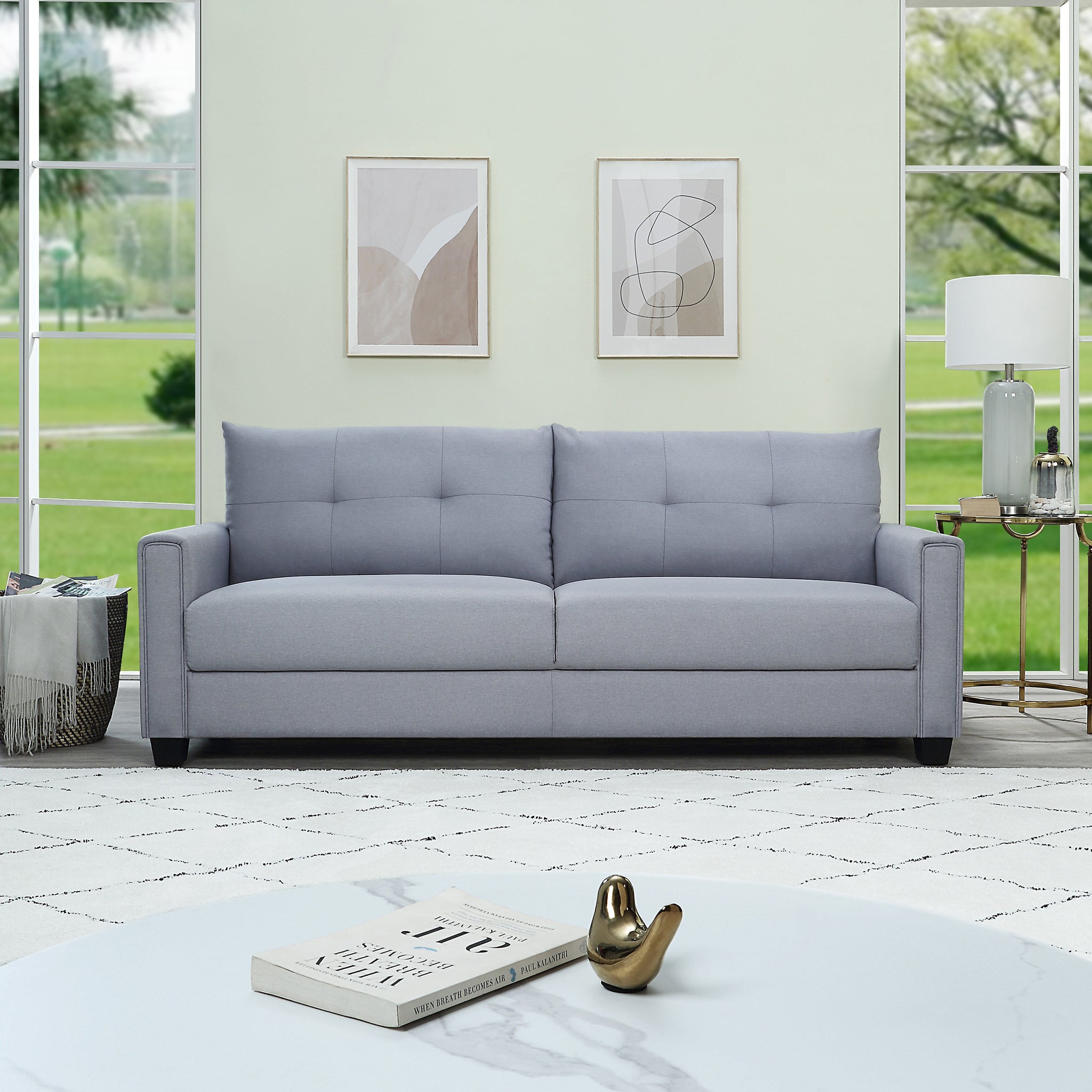 Linen Fabric Upholstery sofa Tufted Cushions Easy light grey-wood-primary living