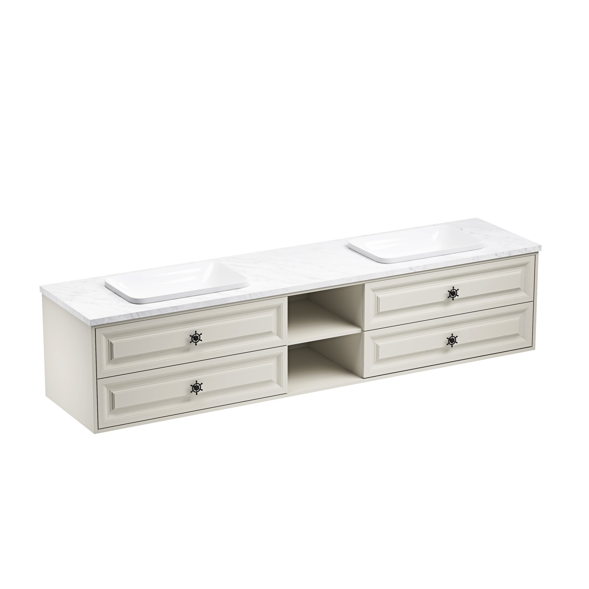 96In. W X 23 In. D X21 In. H Double Bath Vanity In With White Carrara Top With White Sink Khaki Abs Steel Q235 Wood Pvc