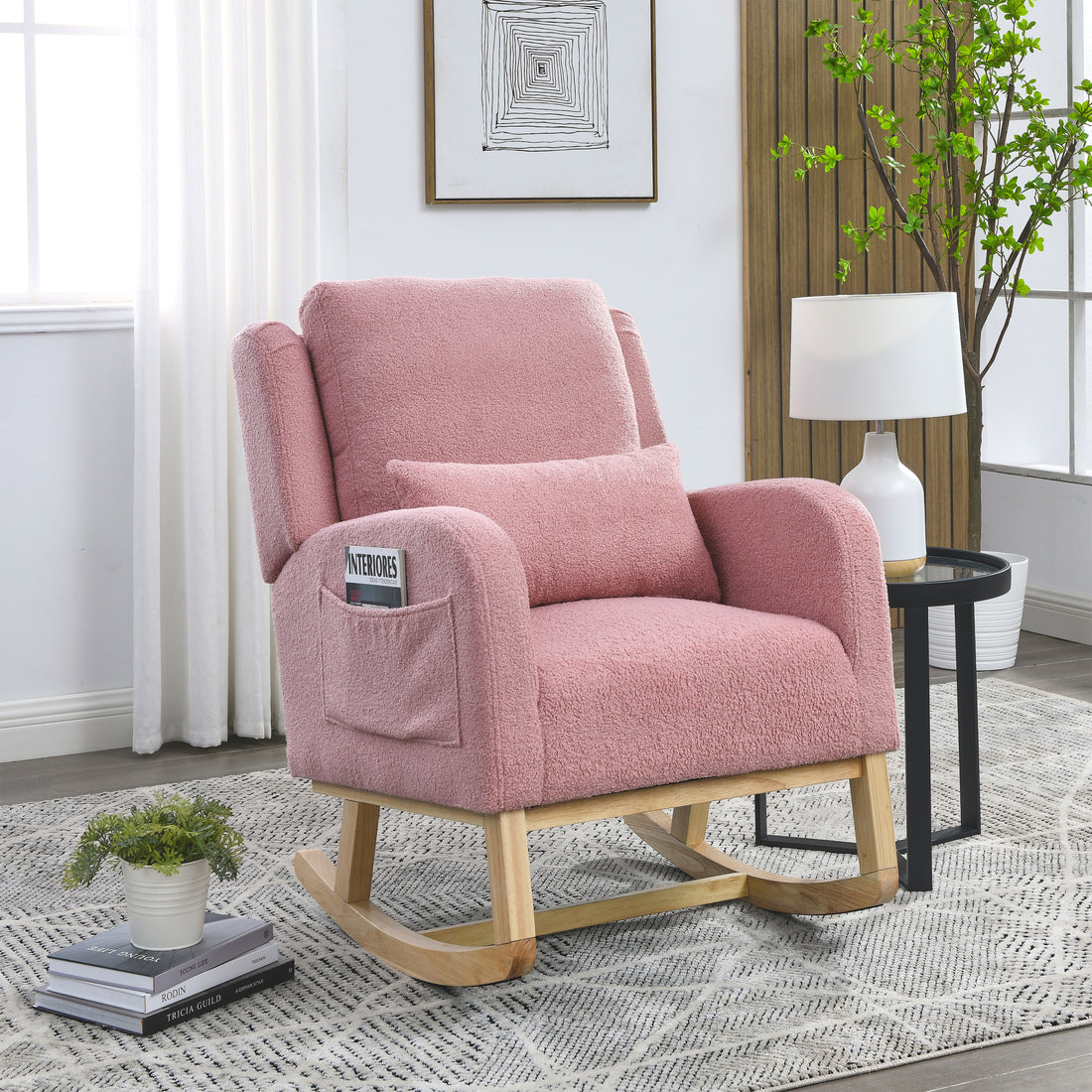 Video Welike 27.5 "W Modern Accent High Back Living Room Casual Armchair Rocker With One Lumbar Pillow, Two Side Pockets,Teddy. Pink Teddy Foam Fabric
