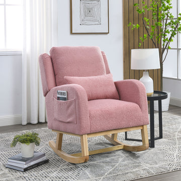 Video Welike 27.5 "W Modern Accent High Back Living Room Casual Armchair Rocker With One Lumbar Pillow, Two Side Pockets,Teddy. Pink Teddy Foam Fabric