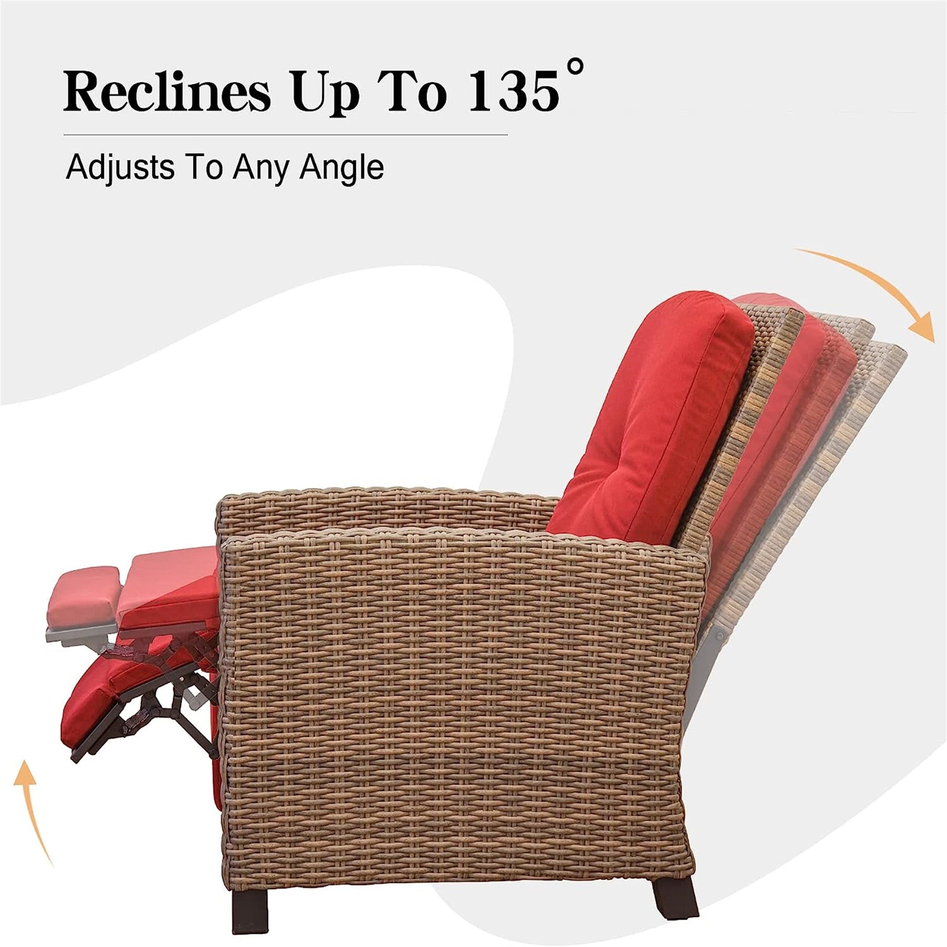 Indoor & Outdoor Recliner, All Weather Wicker Reclining Patio Chair, Red Cushion Red,1 Chair Red Rattan