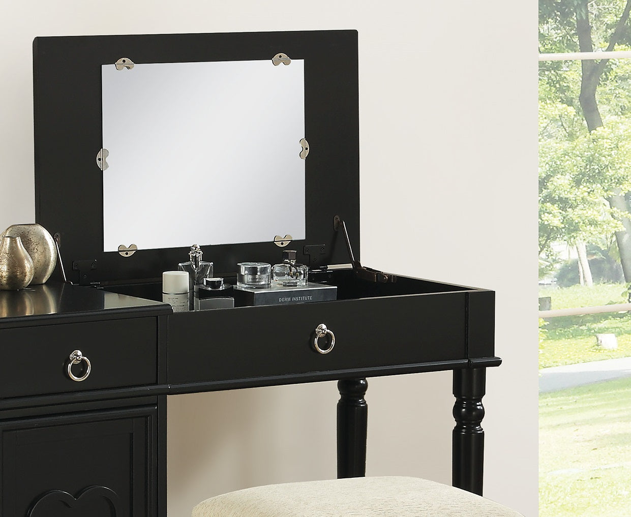 Bedroom Vanity Set W Stool Open Up Mirror Storage Space Drawers Rubber Wood Ring Pull Handles Black Color Vanity Black Bedroom Traditional Poplar Rubber Wood