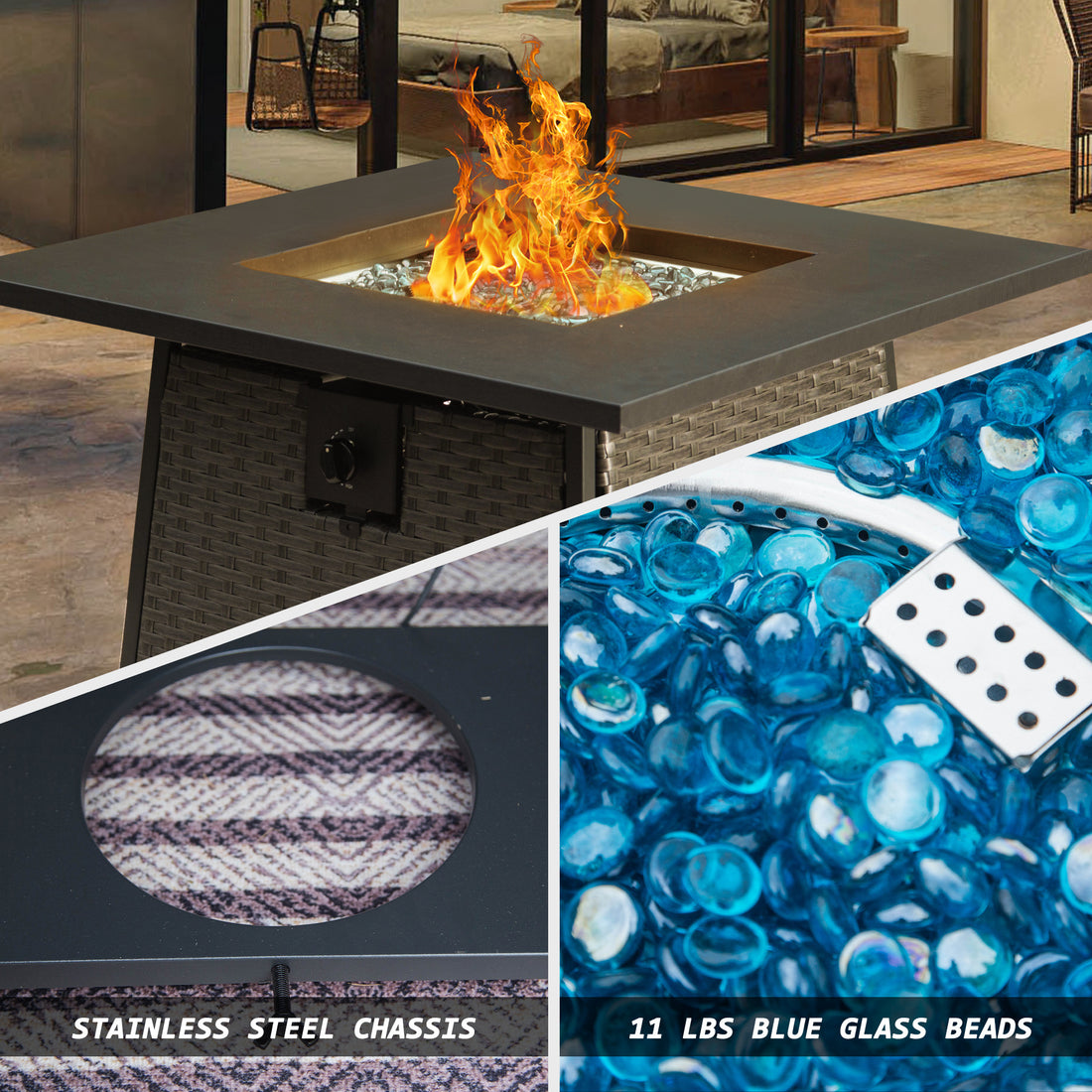 28 Inch Propane Fire Pits Table With Blue Glass Ball,50,000 Btu Outdoor Wicker Fire Table With Etl Certified,2 In 1 Square Steel Gas Firepits Dark Gray Dark Gray Metal