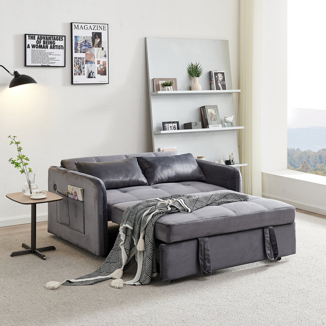 55.5" Twins Pull Out Sofa Bed Grey Velvet Grey Foam Velvet