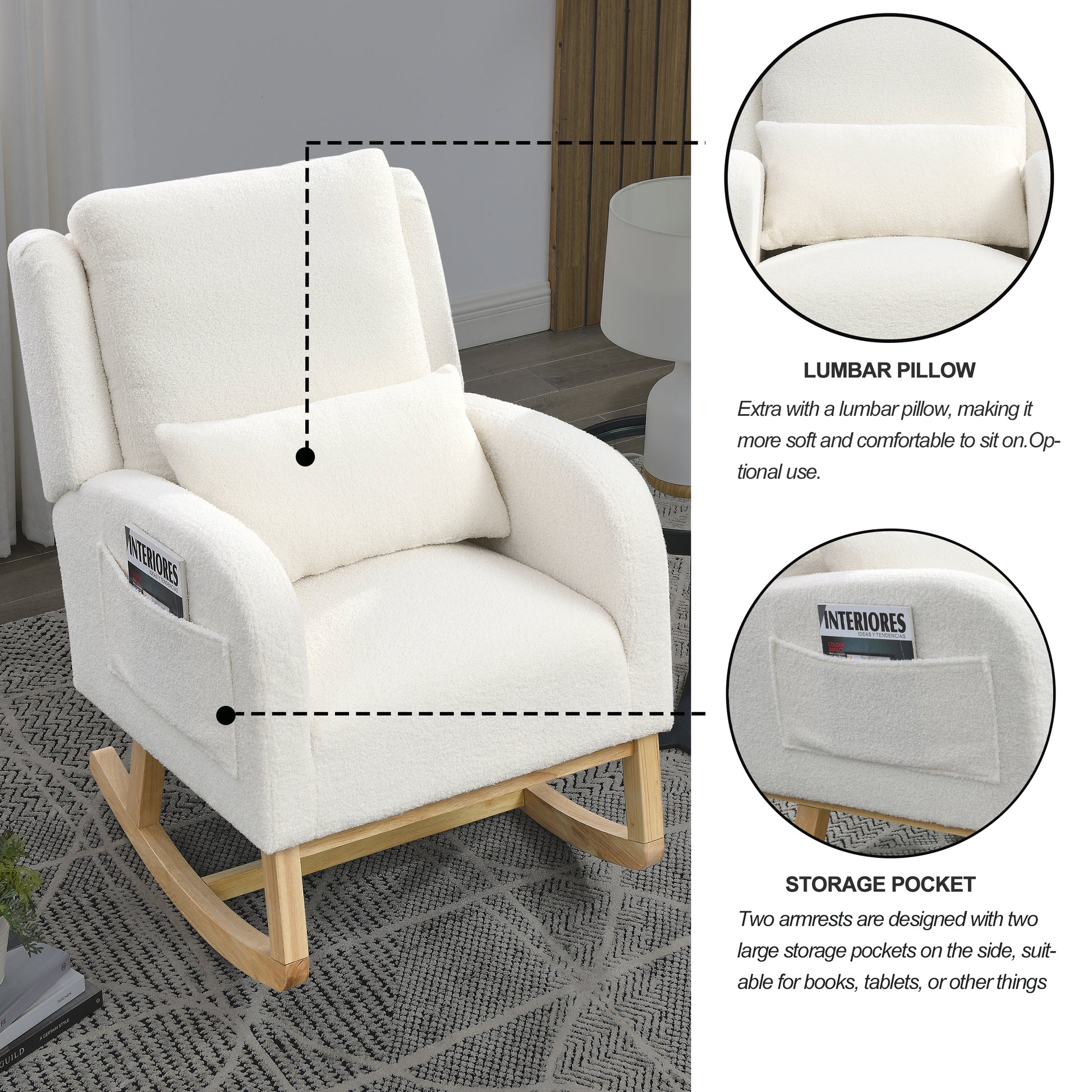 Video Welike 27.5 "W Modern Accent High Back Living Room Casual Armchair Rocker With One Lumbar Pillow, Two Side Pockets,Teddy White Ivory Ivory Foam Fabric