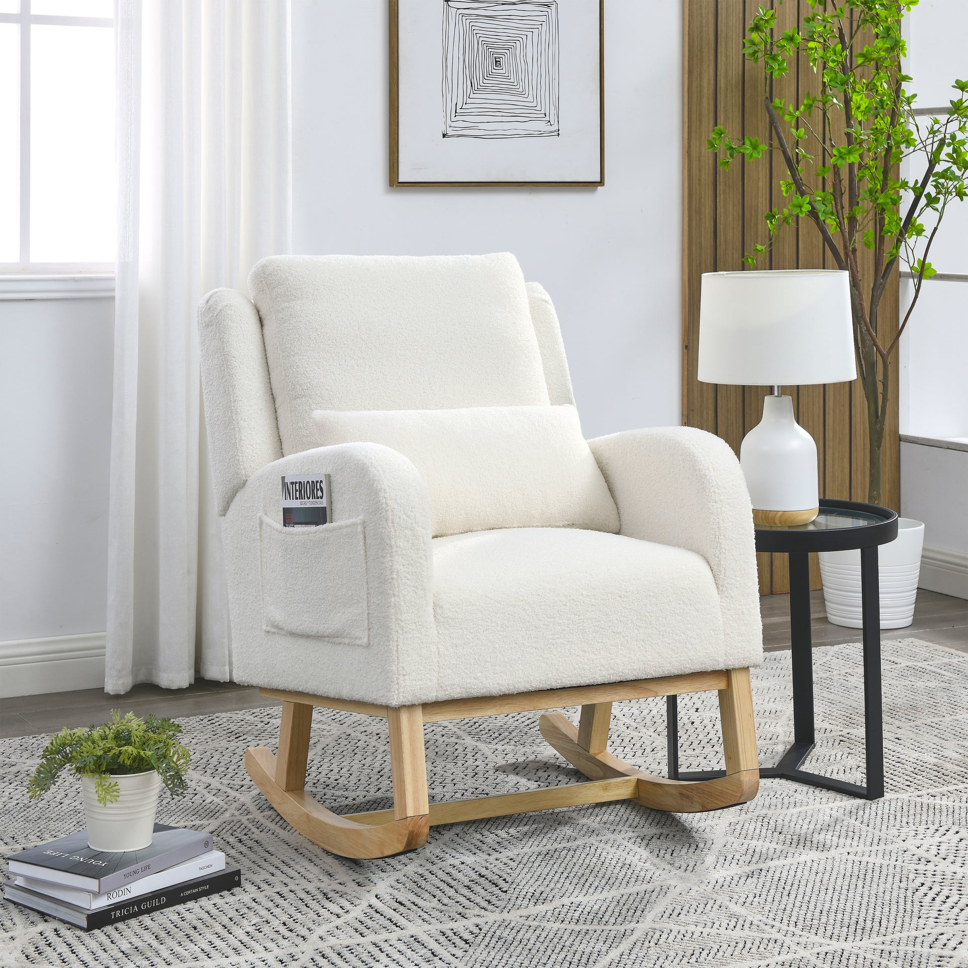 Video Welike 27.5 "W Modern Accent High Back Living Room Casual Armchair Rocker With One Lumbar Pillow, Two Side Pockets,Teddy White Ivory Ivory Foam Fabric