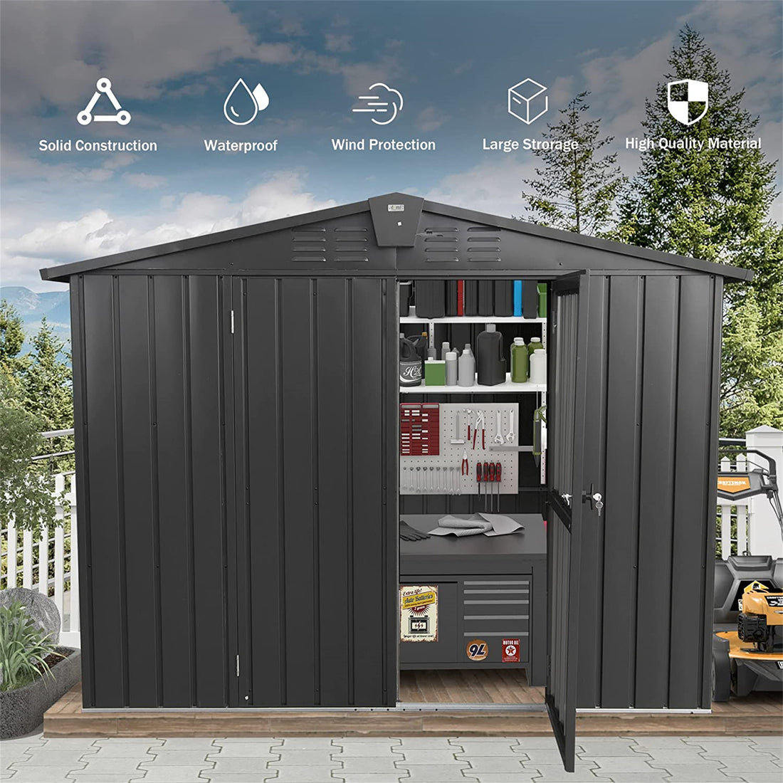 Outdoor Storage Shed 8.2'X 6.2', Metal Garden Shed For Bike, Trash Can, Galvanized Steel Outdoor Storage Cabinet With Lockable Door For Backyard, Patio, Lawn 8.2X6.2Ft, Black Black Metal