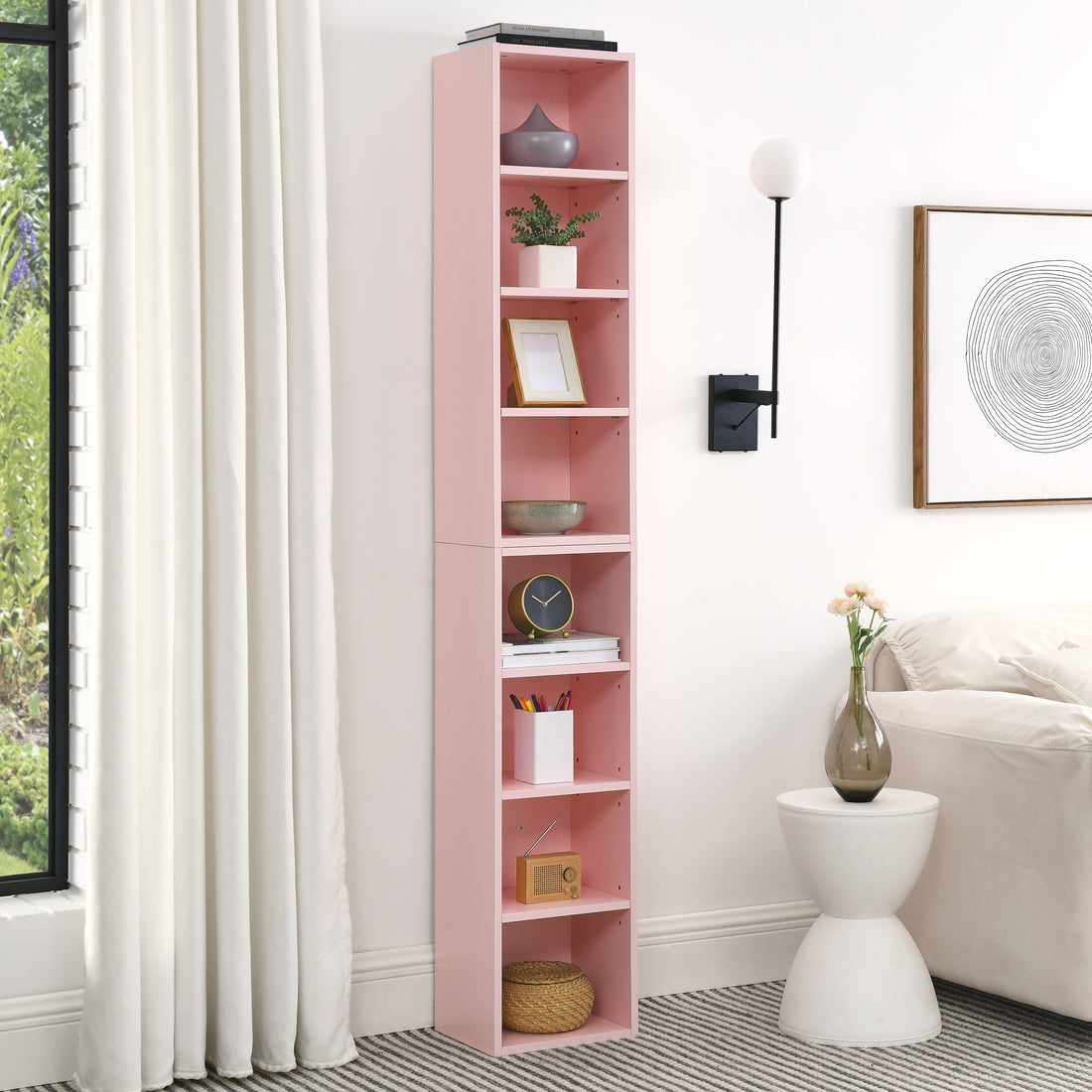 8 Tier Media Tower Rack, Cd Dvd Slim Storage Cabinet With Adjustable Shelves, Tall Narrow Bookcase Display Bookshelf For Home Office,Multi Functional Double Decker Bookcase 5 Or More Shelves Pink Adjustable Shelves Mdf