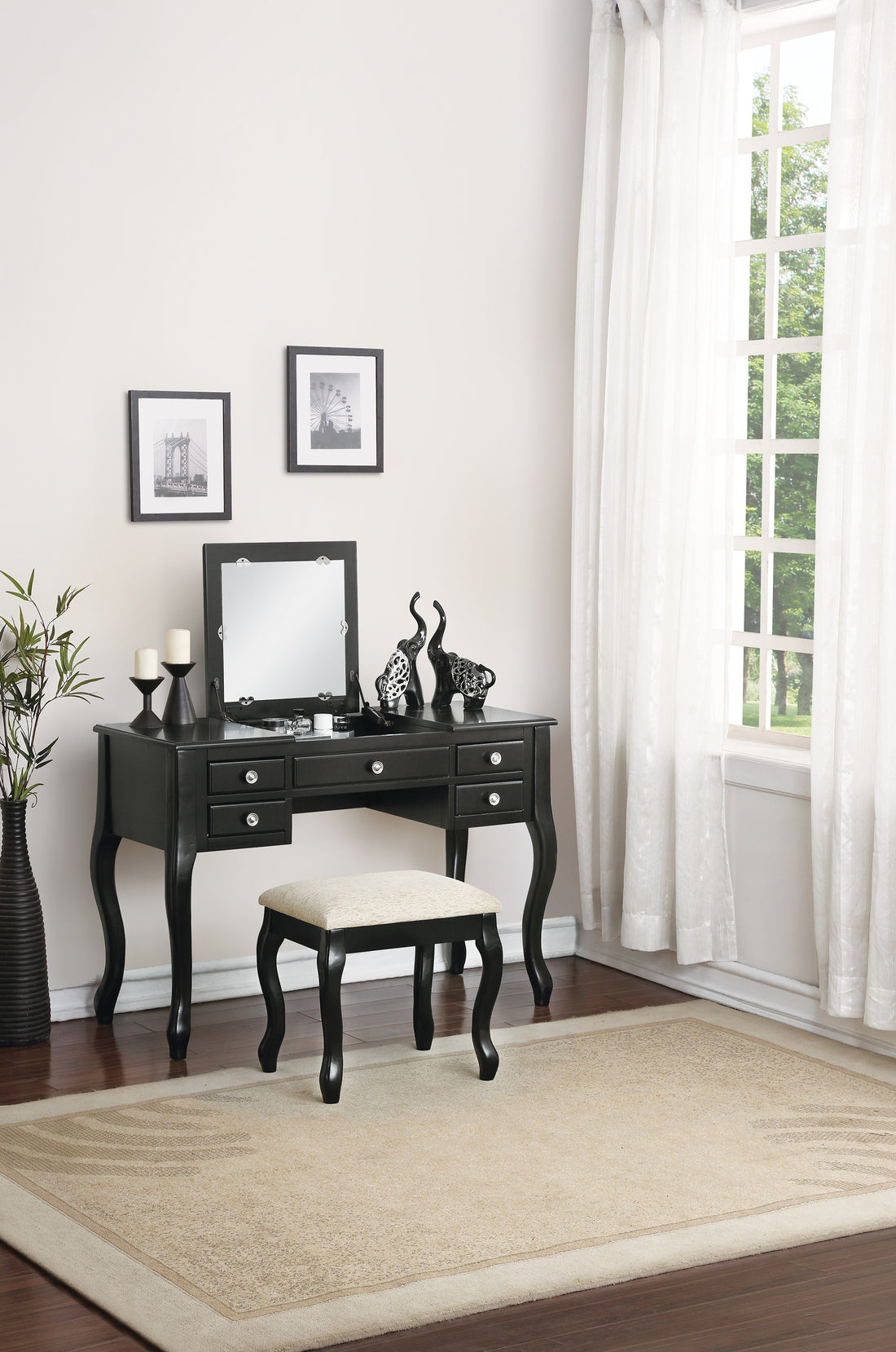 Classic 1Pc Vanity Set W Stool Black Color Drawers Open Up Mirror Bedroom Furniture Unique Legs Cushion Seat Stool Vanity Black Bedroom Contemporary Padded Seat Poplar Rubber Wood