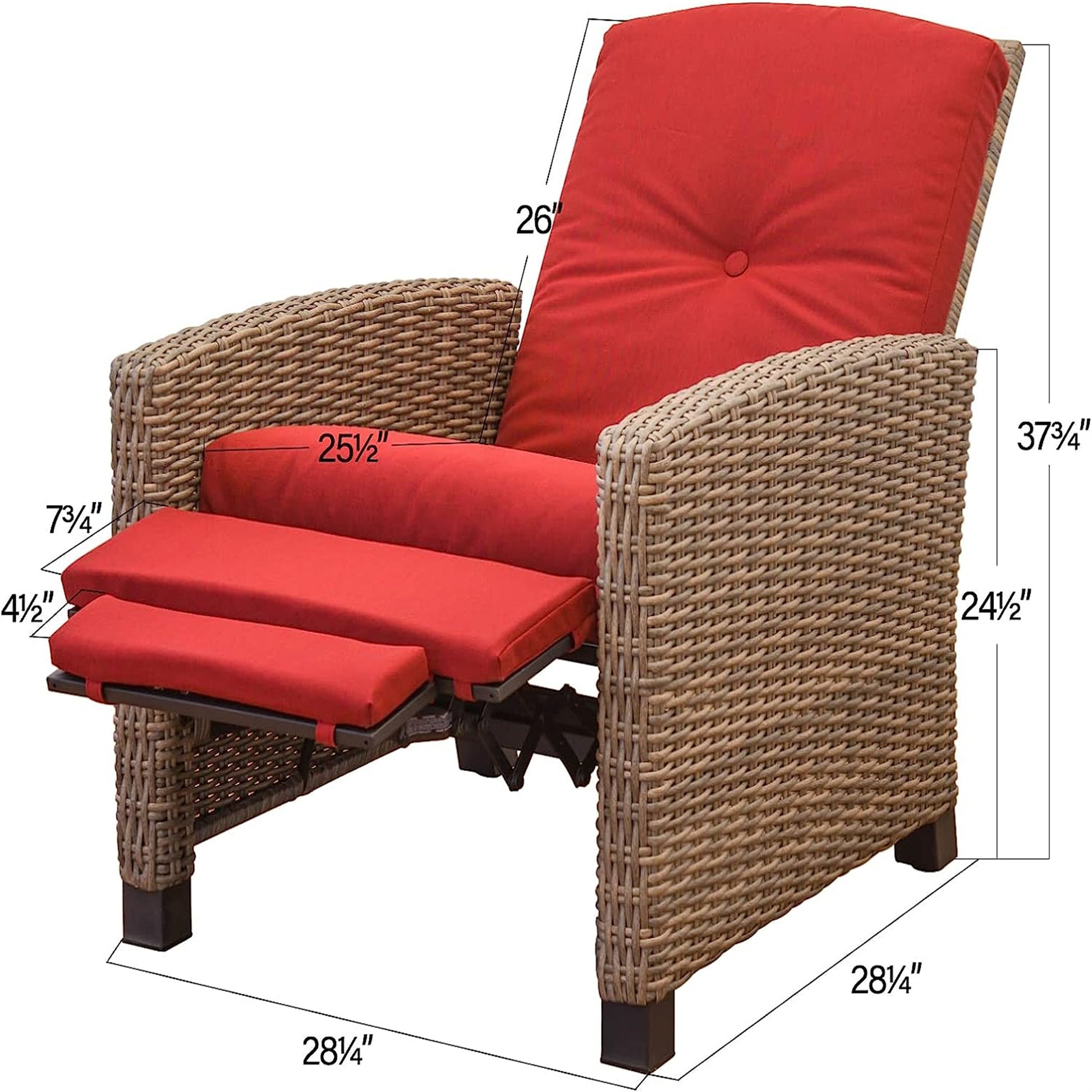 Indoor & Outdoor Recliner, All Weather Wicker Reclining Patio Chair, Red Cushion Red,1 Chair Red Rattan