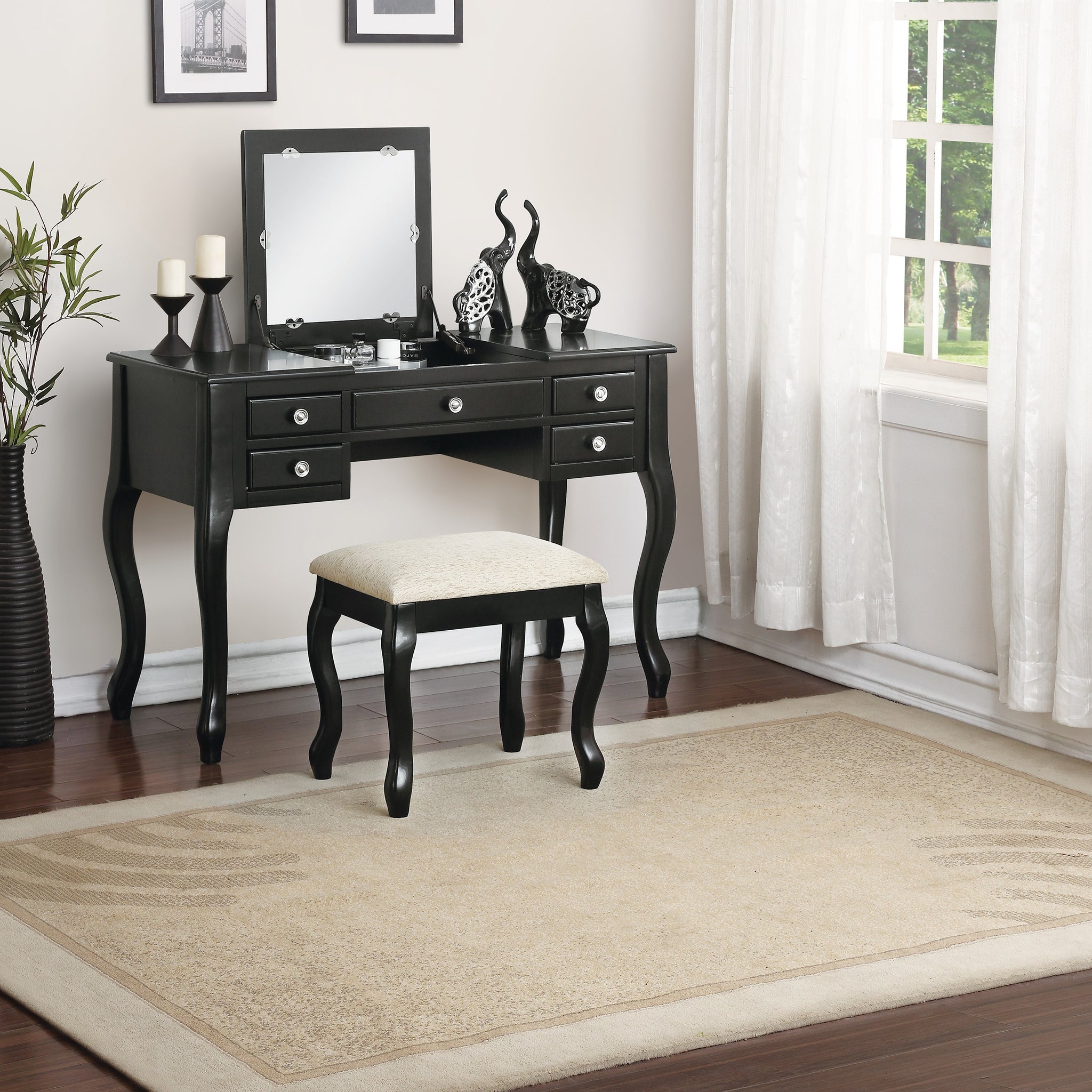 Classic 1Pc Vanity Set W Stool Black Color Drawers Open Up Mirror Bedroom Furniture Unique Legs Cushion Seat Stool Vanity Black Bedroom Contemporary Padded Seat Poplar Rubber Wood