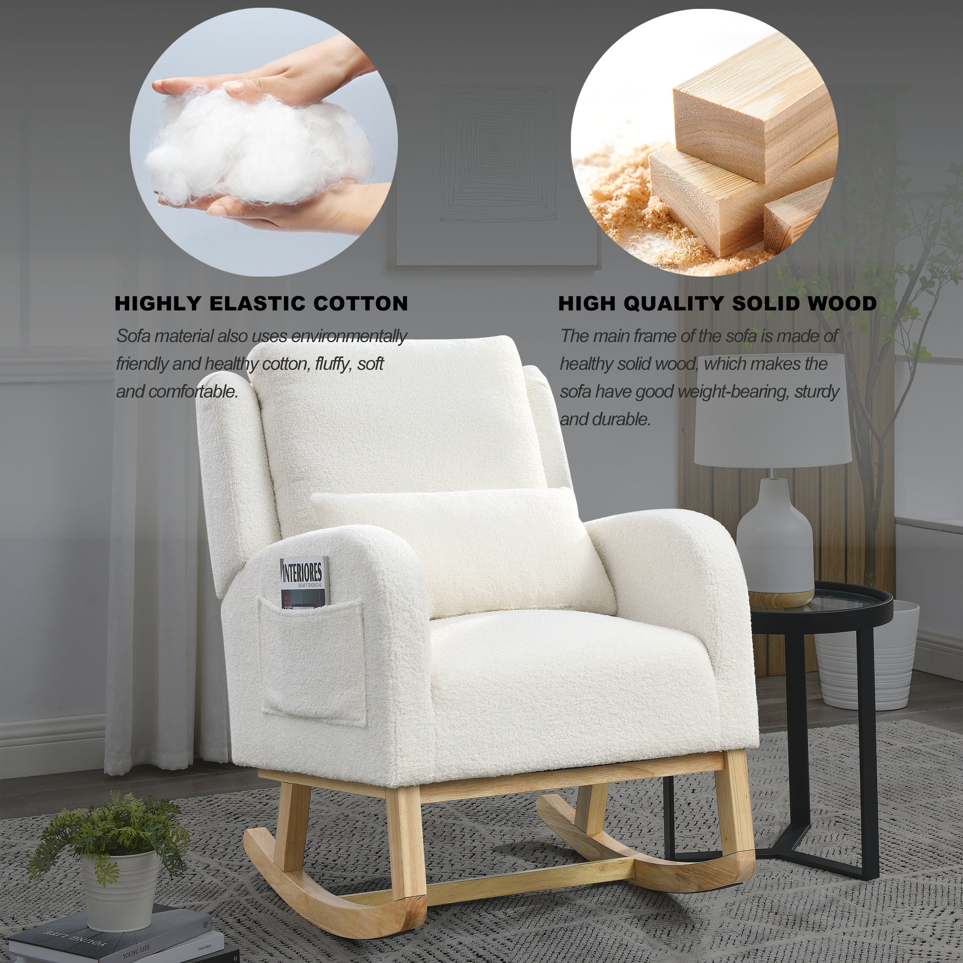 Video Welike 27.5 "W Modern Accent High Back Living Room Casual Armchair Rocker With One Lumbar Pillow, Two Side Pockets,Teddy White Ivory Ivory Foam Fabric