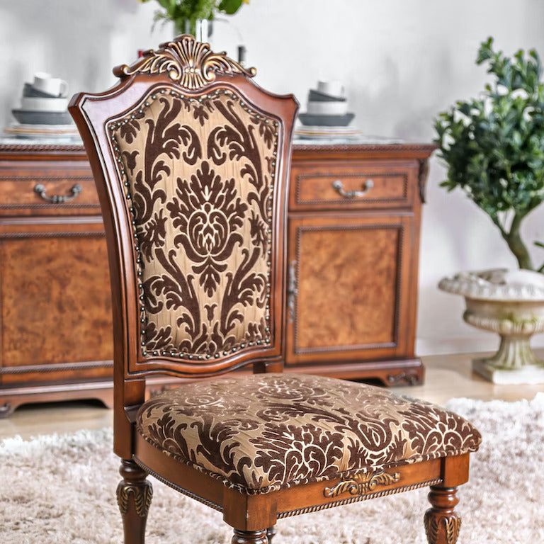 Traditional Fancy Set Of 2Pcs Side Chairs Brown Cherry Solid Wood Intricate Carved Details Floral Design Print Fabric Seats Formal Dining Room Furniture Brown Brown Dining Room Traditional Dining Chairs Solid Wood