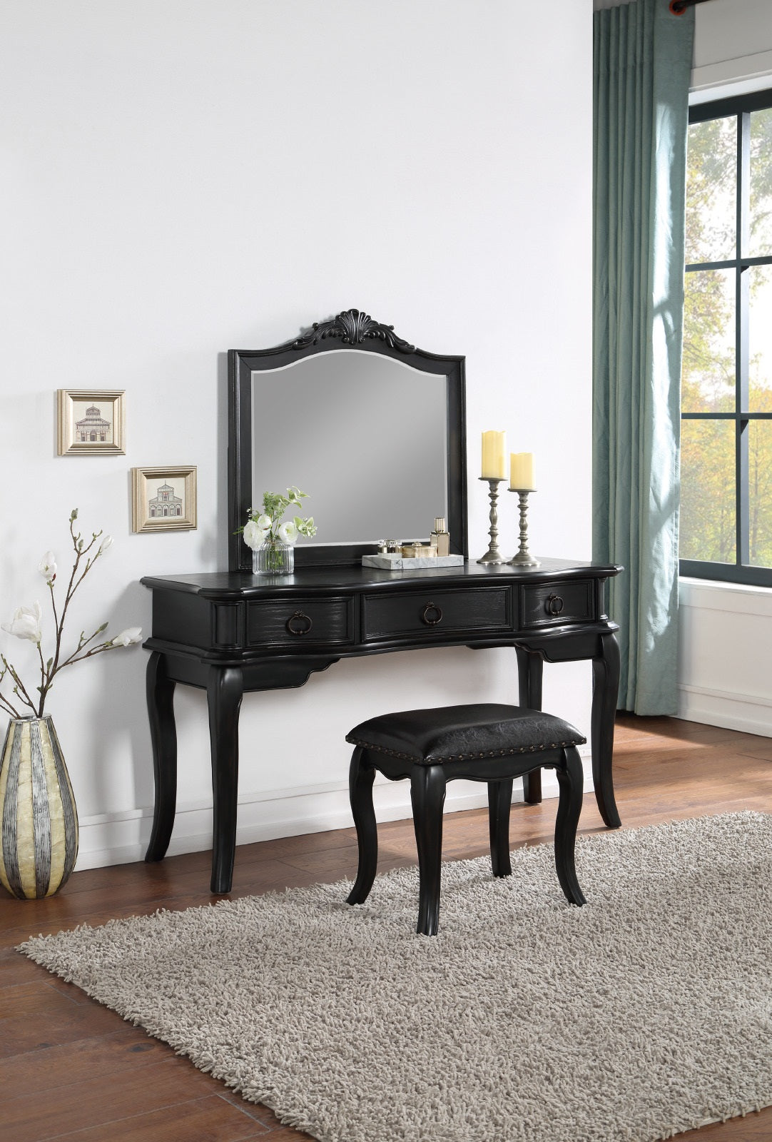 Contemporary Black Color Vanity Set W Stool Retro Style Drawers Cabriole Tapered Legs Mirror W Floral Crown Molding Bedroom Furniture Black Bedroom Contemporary Poplar Rubber Wood