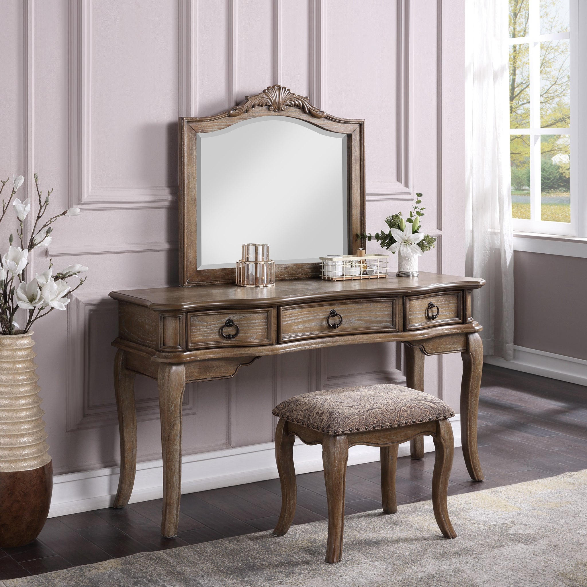 Contemporary Antique Oak Color Vanity Set W Stool Retro Style Drawers Cabriole Tapered Legs Mirror W Floral Crown Molding Bedroom Furniture Oak Bedroom Contemporary Poplar Rubber Wood