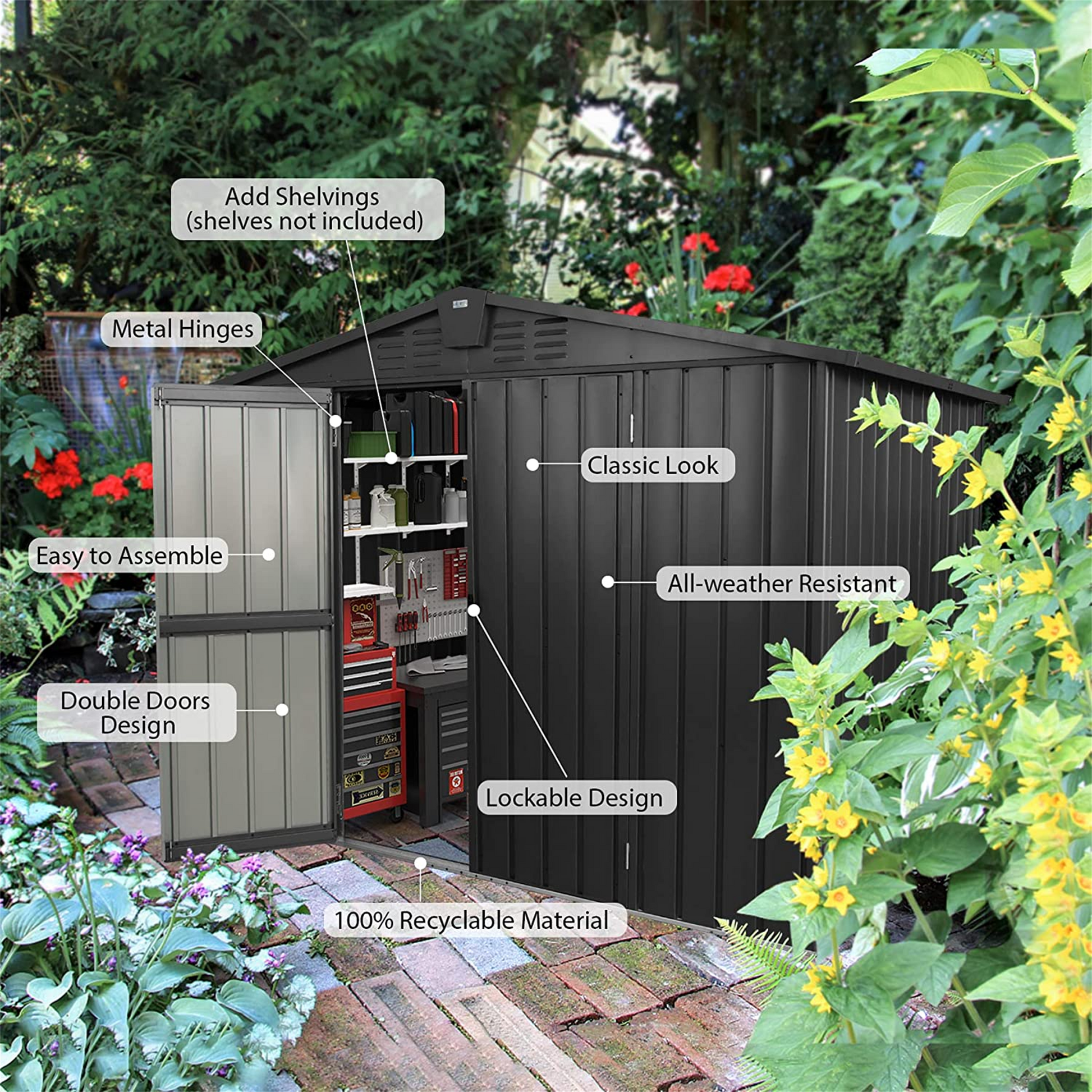Outdoor Storage Shed 8.2'X 6.2', Metal Garden Shed For Bike, Trash Can, Galvanized Steel Outdoor Storage Cabinet With Lockable Door For Backyard, Patio, Lawn 8.2X6.2Ft, Black Black Metal