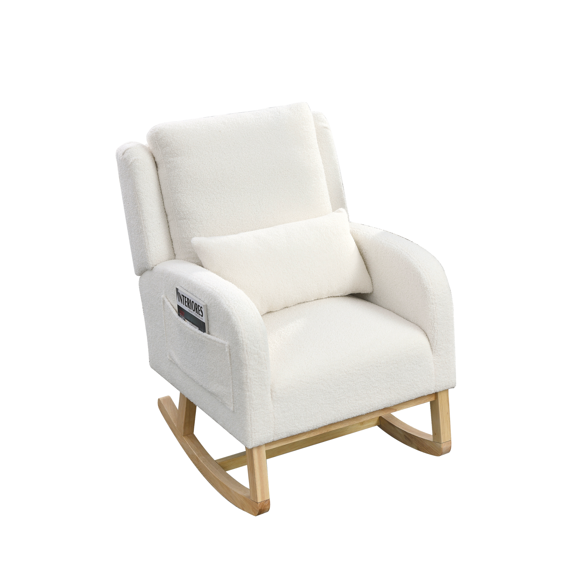 Video Welike 27.5 "W Modern Accent High Back Living Room Casual Armchair Rocker With One Lumbar Pillow, Two Side Pockets,Teddy White Ivory Ivory Foam Fabric