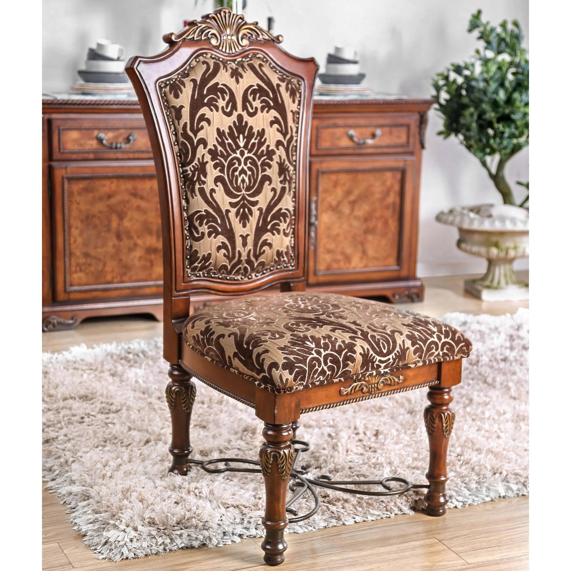 Traditional Fancy Set Of 2Pcs Side Chairs Brown Cherry Solid Wood Intricate Carved Details Floral Design Print Fabric Seats Formal Dining Room Furniture Brown Brown Dining Room Traditional Dining Chairs Solid Wood