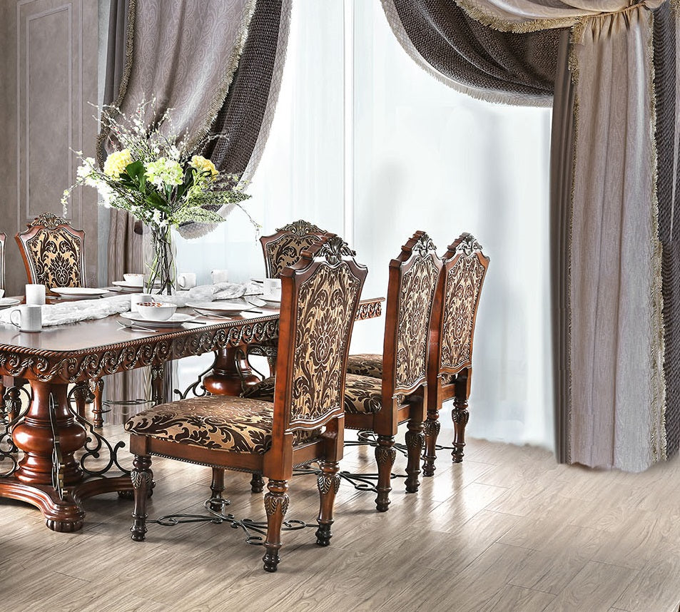 Traditional Fancy Set Of 2Pcs Side Chairs Brown Cherry Solid Wood Intricate Carved Details Floral Design Print Fabric Seats Formal Dining Room Furniture Brown Brown Dining Room Traditional Dining Chairs Solid Wood