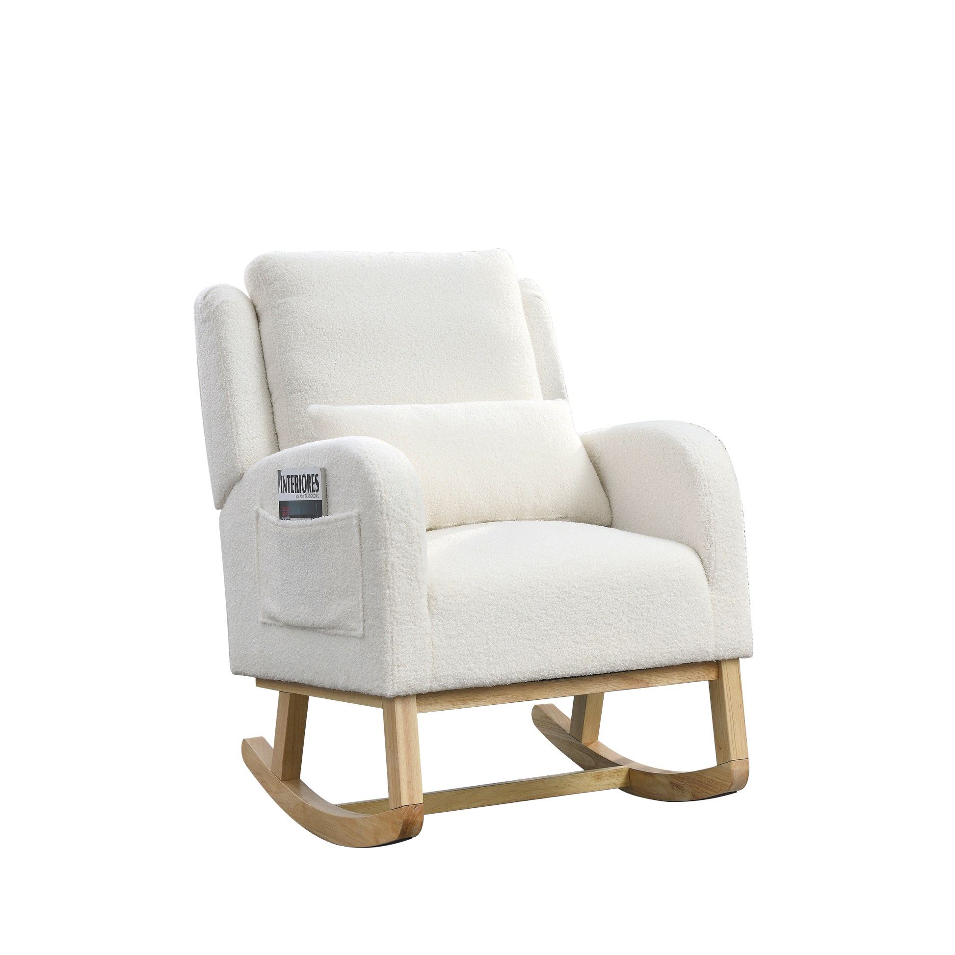 Video Welike 27.5 "W Modern Accent High Back Living Room Casual Armchair Rocker With One Lumbar Pillow, Two Side Pockets,Teddy White Ivory Ivory Foam Fabric