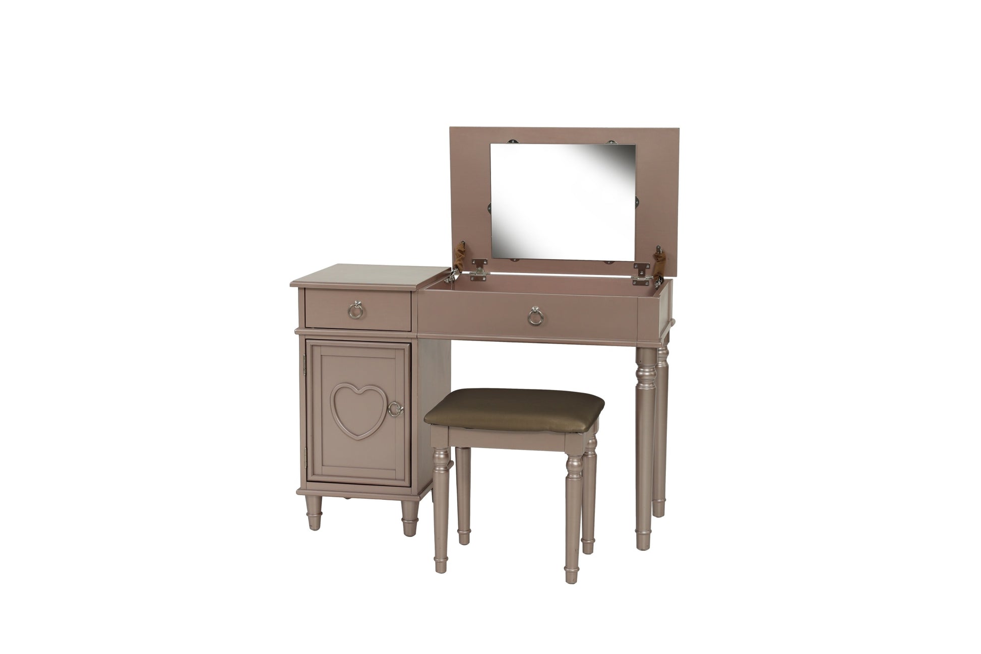 Bedroom Vanity Set W Stool Open Up Mirror Storage Space Drawers Rubber Wood Ring Pull Handles Rose Gold Color Vanity Rose Gold Bedroom Traditional Poplar Rubber Wood