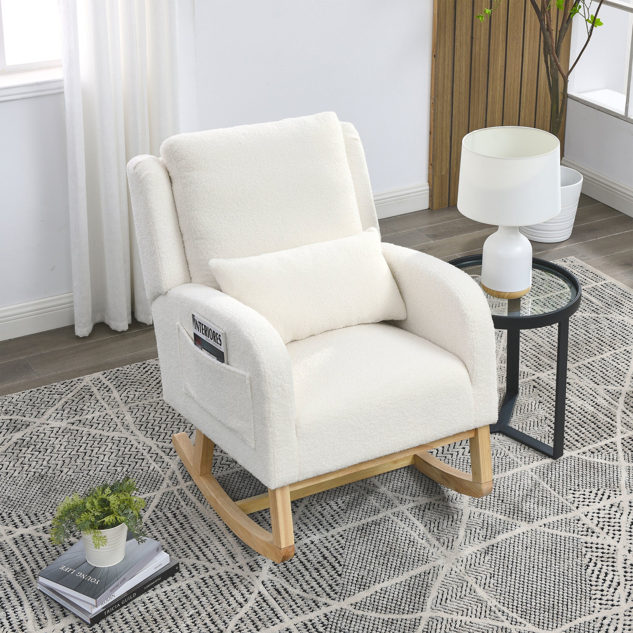 Video Welike 27.5 "W Modern Accent High Back Living Room Casual Armchair Rocker With One Lumbar Pillow, Two Side Pockets,Teddy White Ivory Ivory Foam Fabric