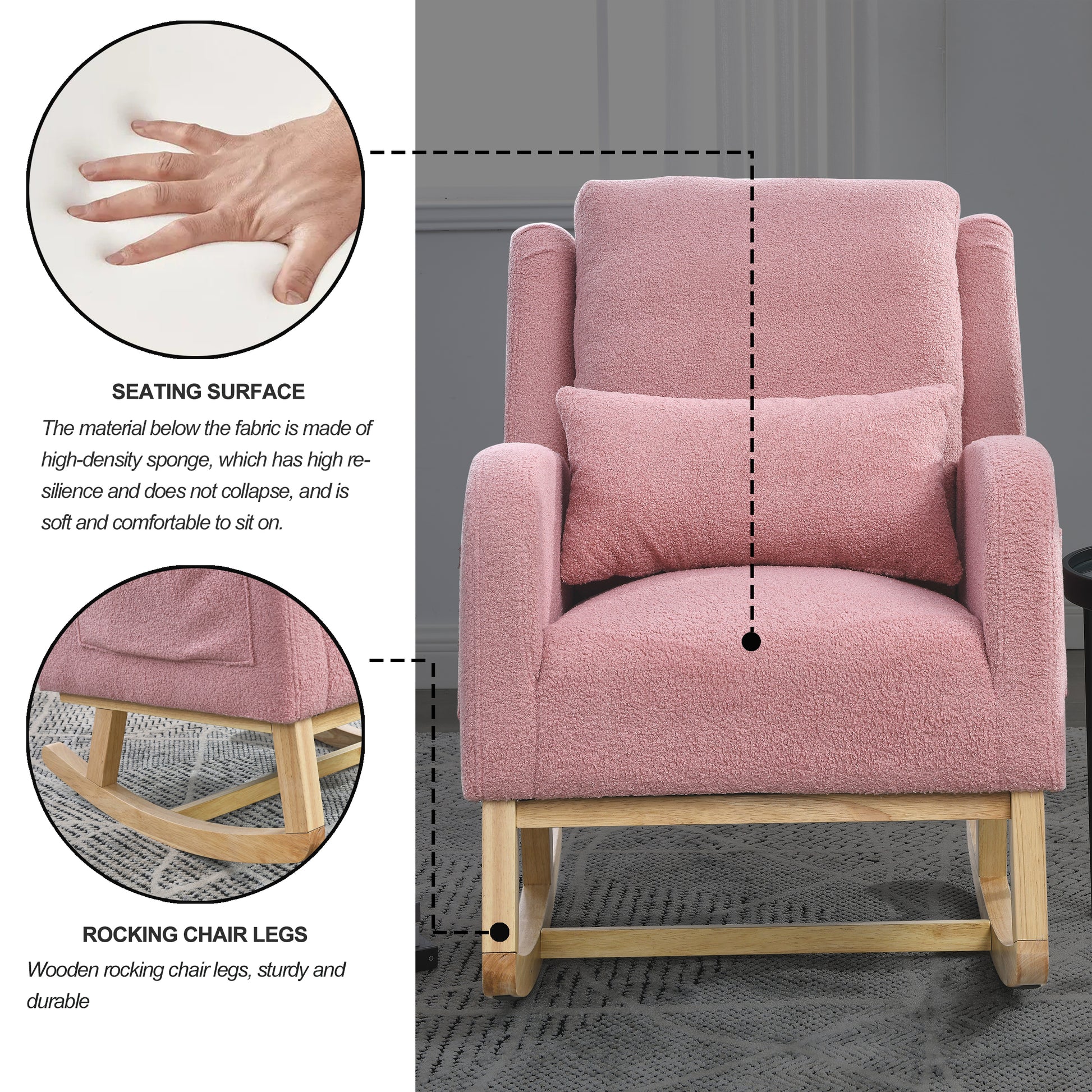 Video Welike 27.5 "W Modern Accent High Back Living Room Casual Armchair Rocker With One Lumbar Pillow, Two Side Pockets,Teddy. Pink Teddy Foam Fabric