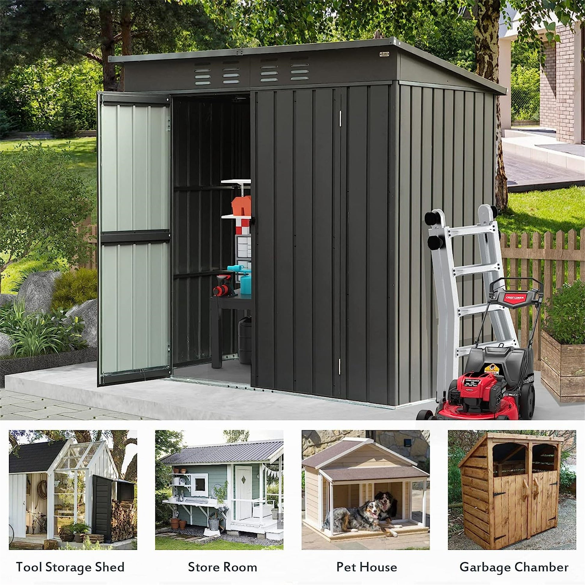 Backyard Storage Shed With Sloping Roof Galvanized Steel Frame Outdoor Garden Shed Metal Utility Tool Storage Room With Latches And Lockable Door 6X4Ft, Black Black Metal